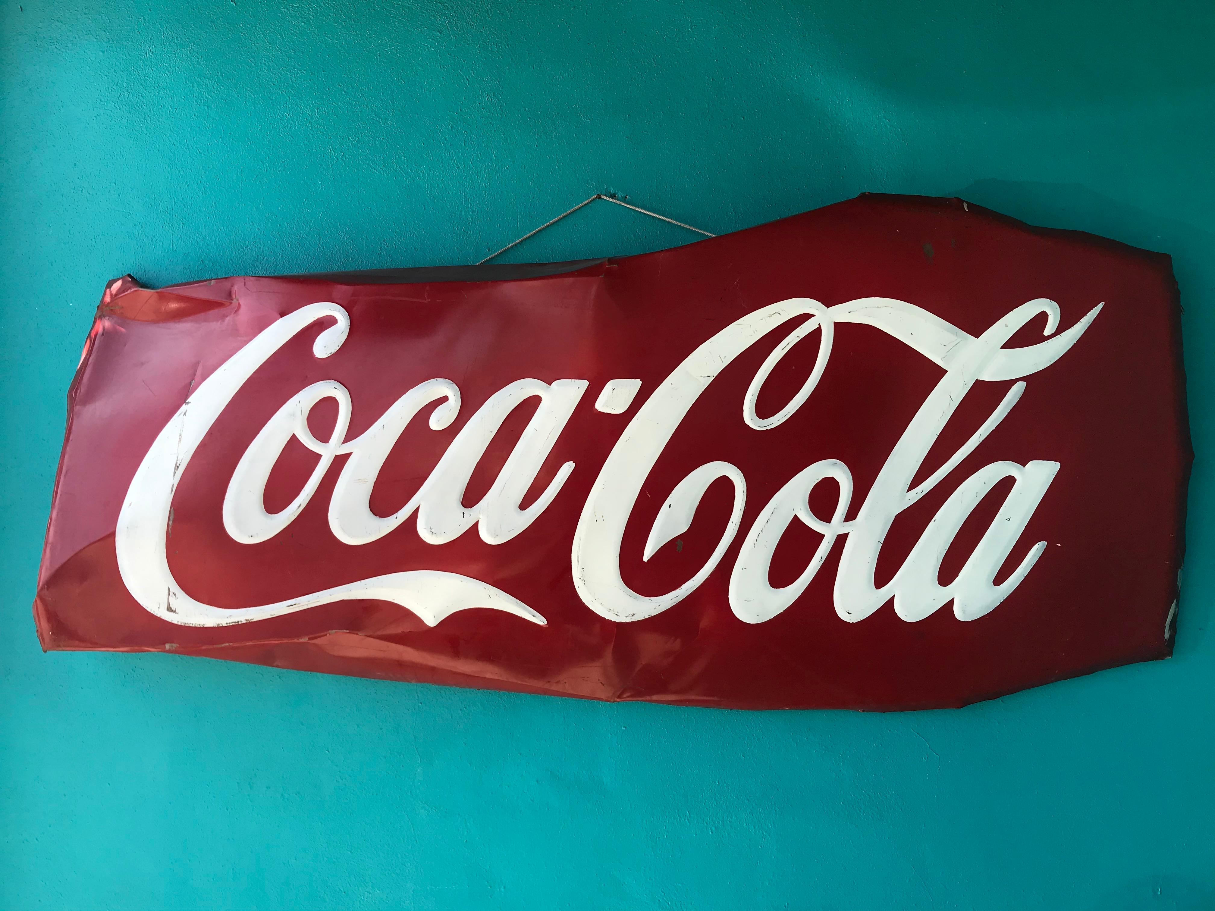Monumental 7ft Mexican Coca Cola Advertising Porcelain Sign, 1960s In Distressed Condition In San Diego, CA