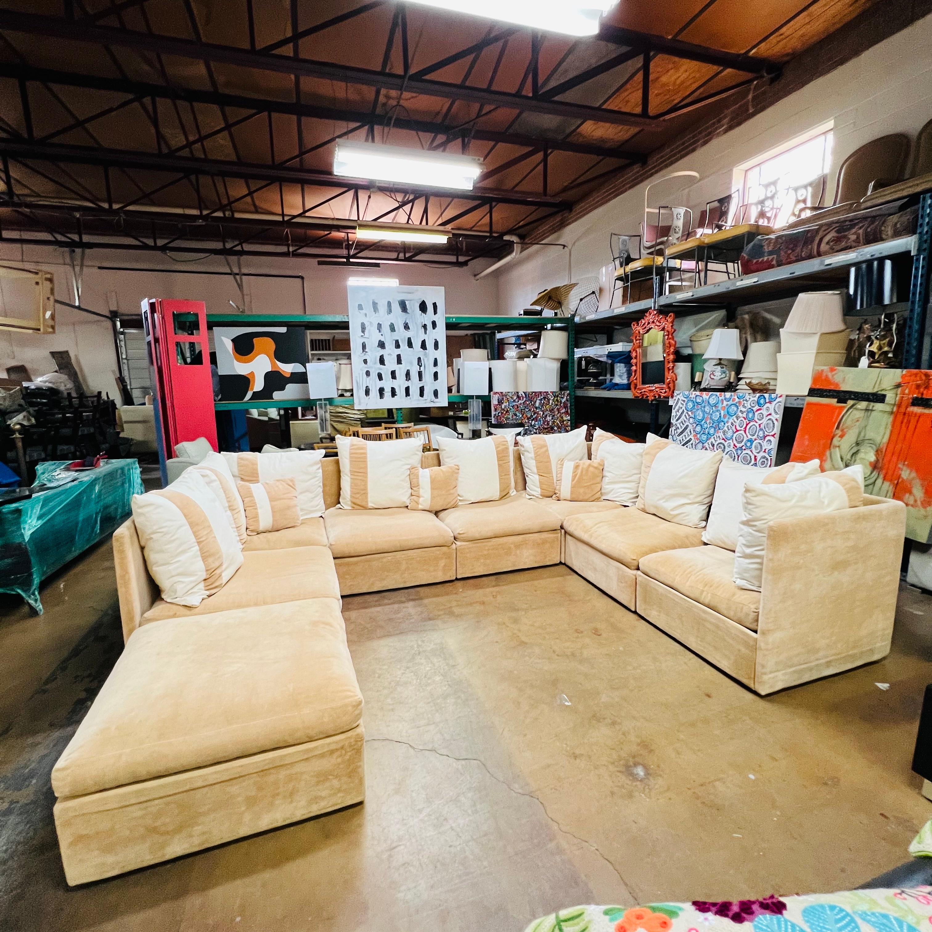 Fabulous 8 piece modular sofa by Comfort Designs, Inc. Tuxedo style straight back and arms with loose seat and back cushions. Includes 3 corner pieces, 4 side pieces, and ottoman. Good vintage condition with some small stains & cosmetic