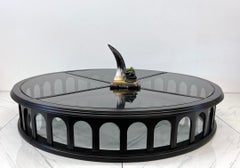 Monumental 91" Mid Century Ebonized Walnut and Glass Arcade Coffee Table