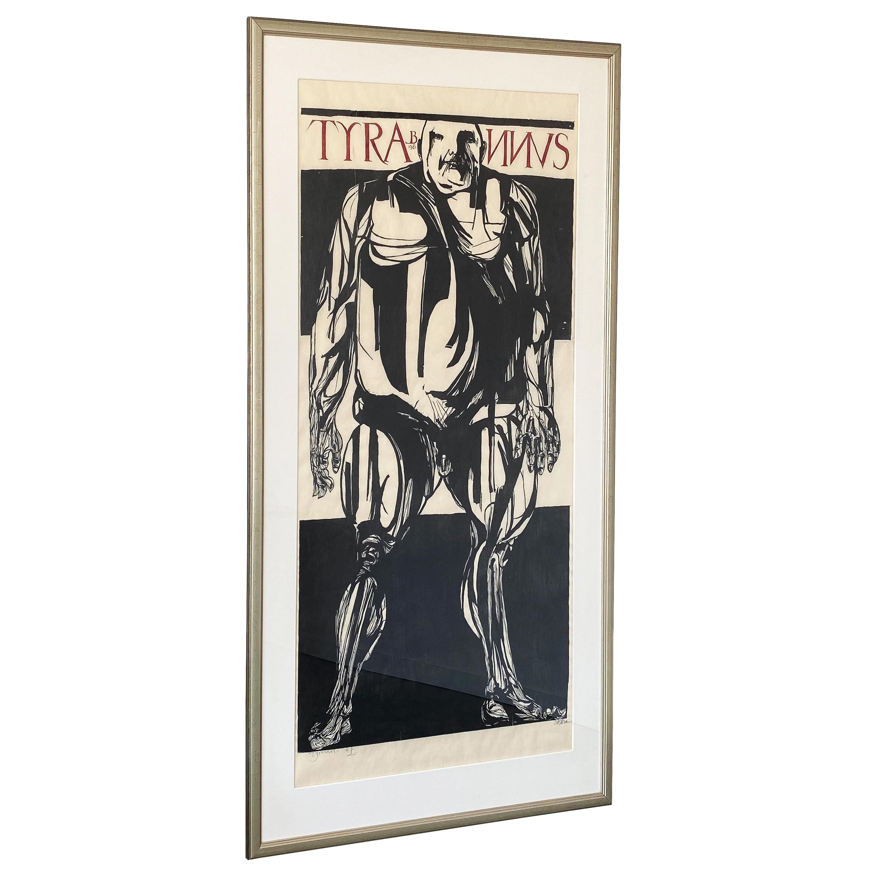 A monumental framed woodcut print by Leonard Baskin (American, 1922-2000) titled Tyrannus, 1982. Tyrannus features an abstract male nude comprised of an intricate network of sinewy anatomical lines in black with the title and date in red. Signed,