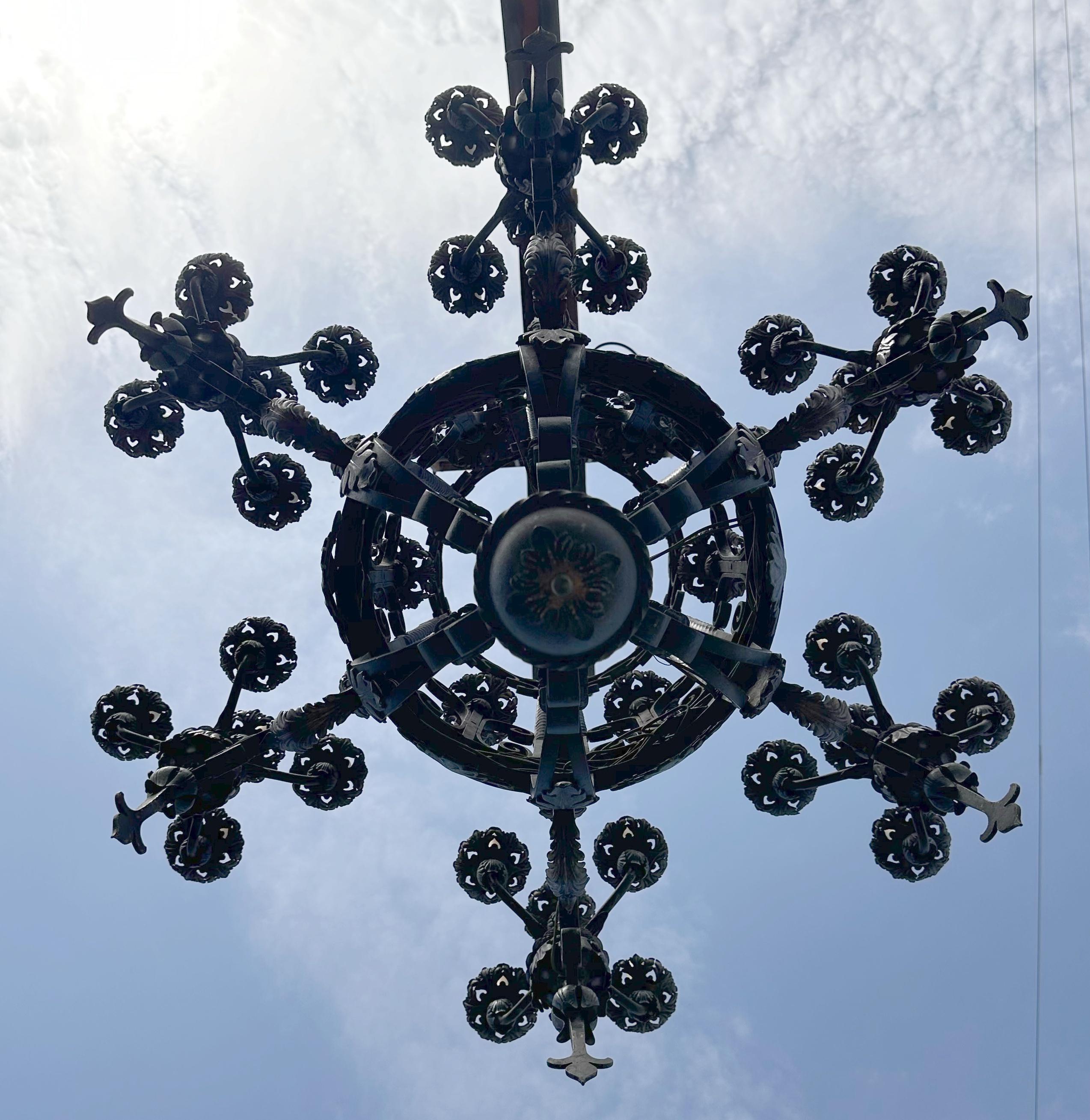 Monumental 96-inch 1920s Bronze Iron Bank Chandelier 8