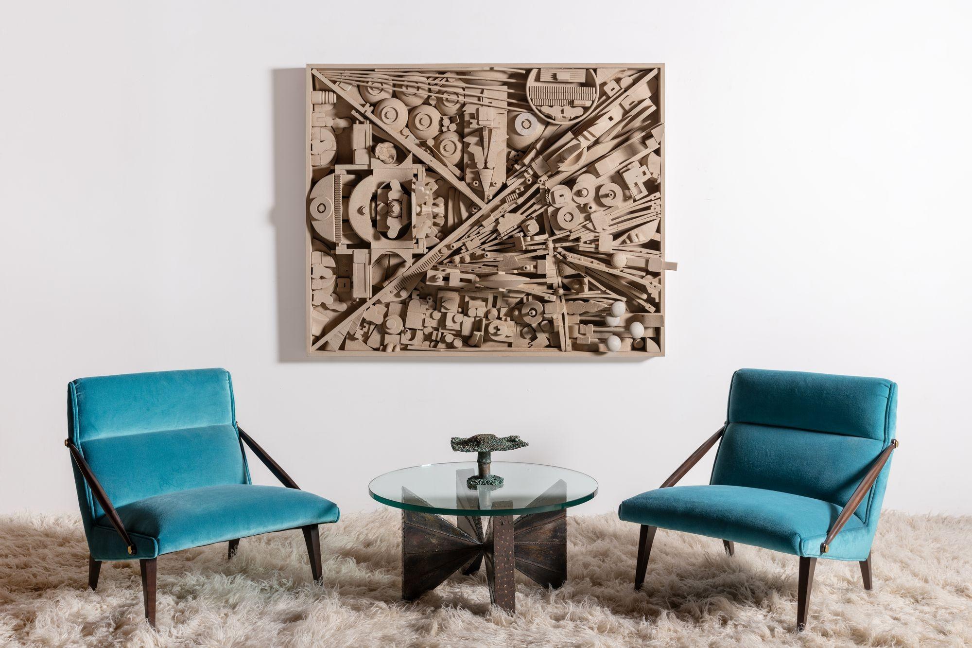 This monumental constructivist wall sculpture was created in the manner of Louise Nevelson's wedding series.
This is an extraordinary work of art that hung in a local Texas Attorney's Office for last 45 years.
Unfortunately, there are no