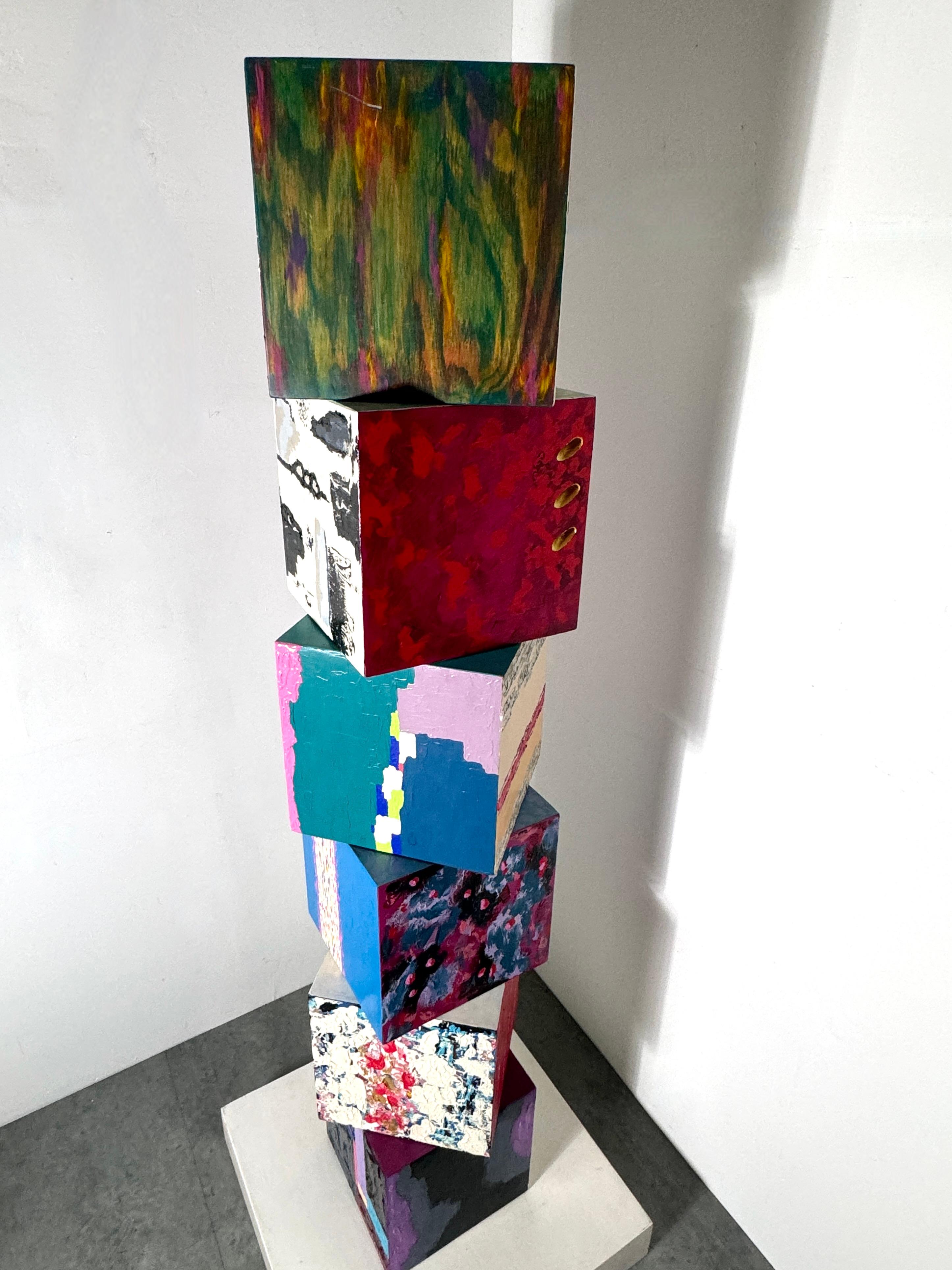American 8 ft Monumental Abstract Modern Painted Modular Cube Painting Totem Sculpture For Sale