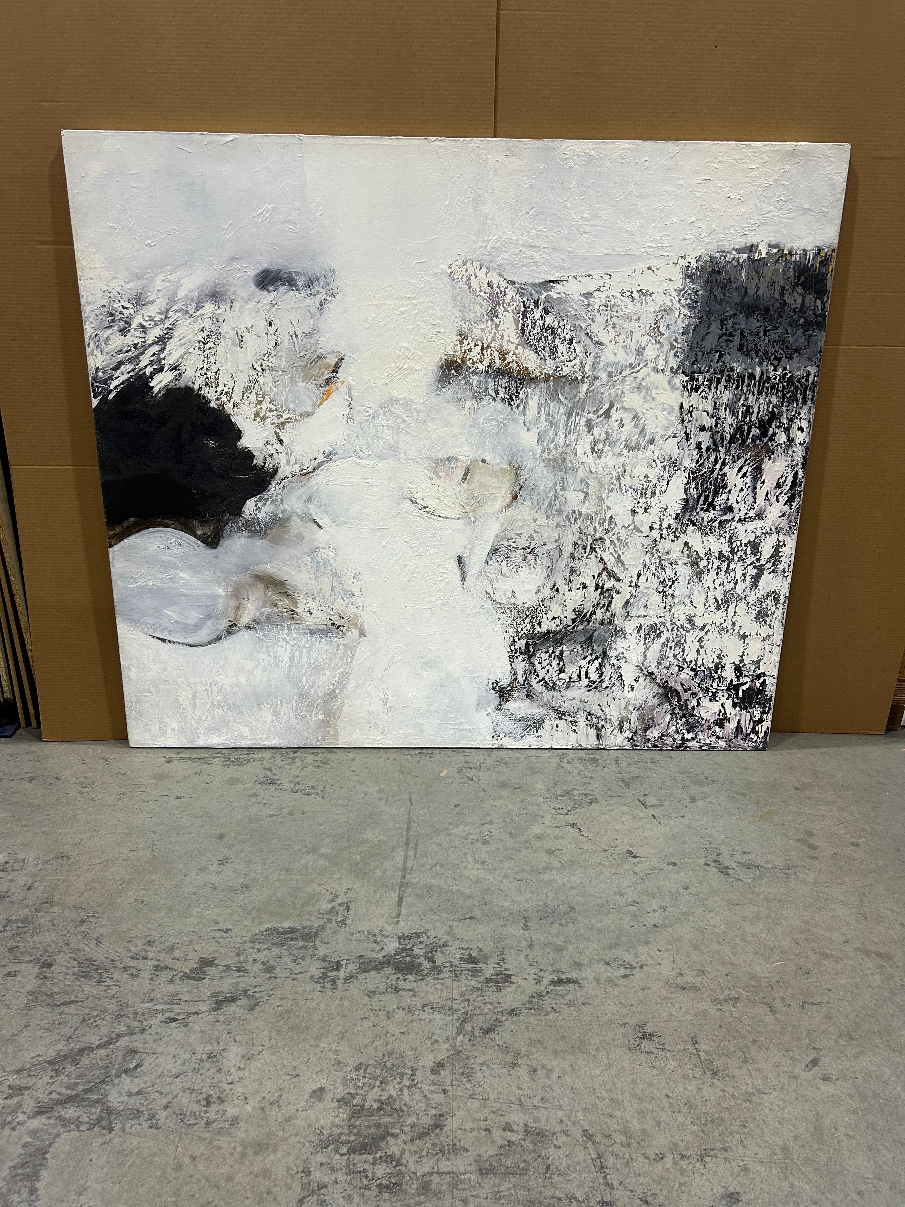 Monumentale abstrakte Leinwand in Schwarz, Weiß und Grau von Thomas George (1918-2014)  ein international anerkannter Künstler, dessen Werke in den ständigen Sammlungen des Museum of Modern Art, des Whitney Museum, der National Gallery of American