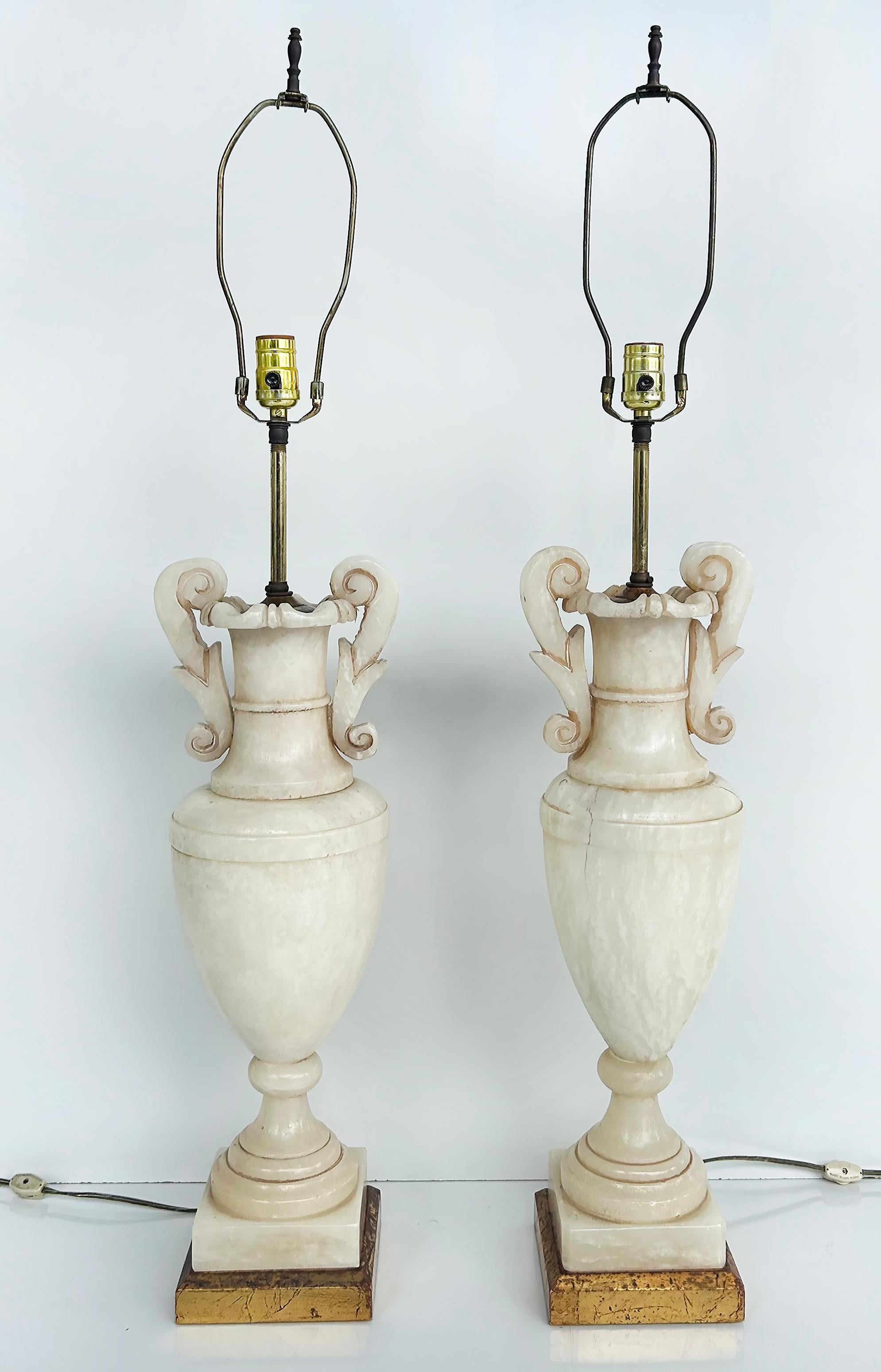 Hollywood Regency Monumental Alabaster Urn Table Lamps with Interior Lighting, Wired and Working For Sale