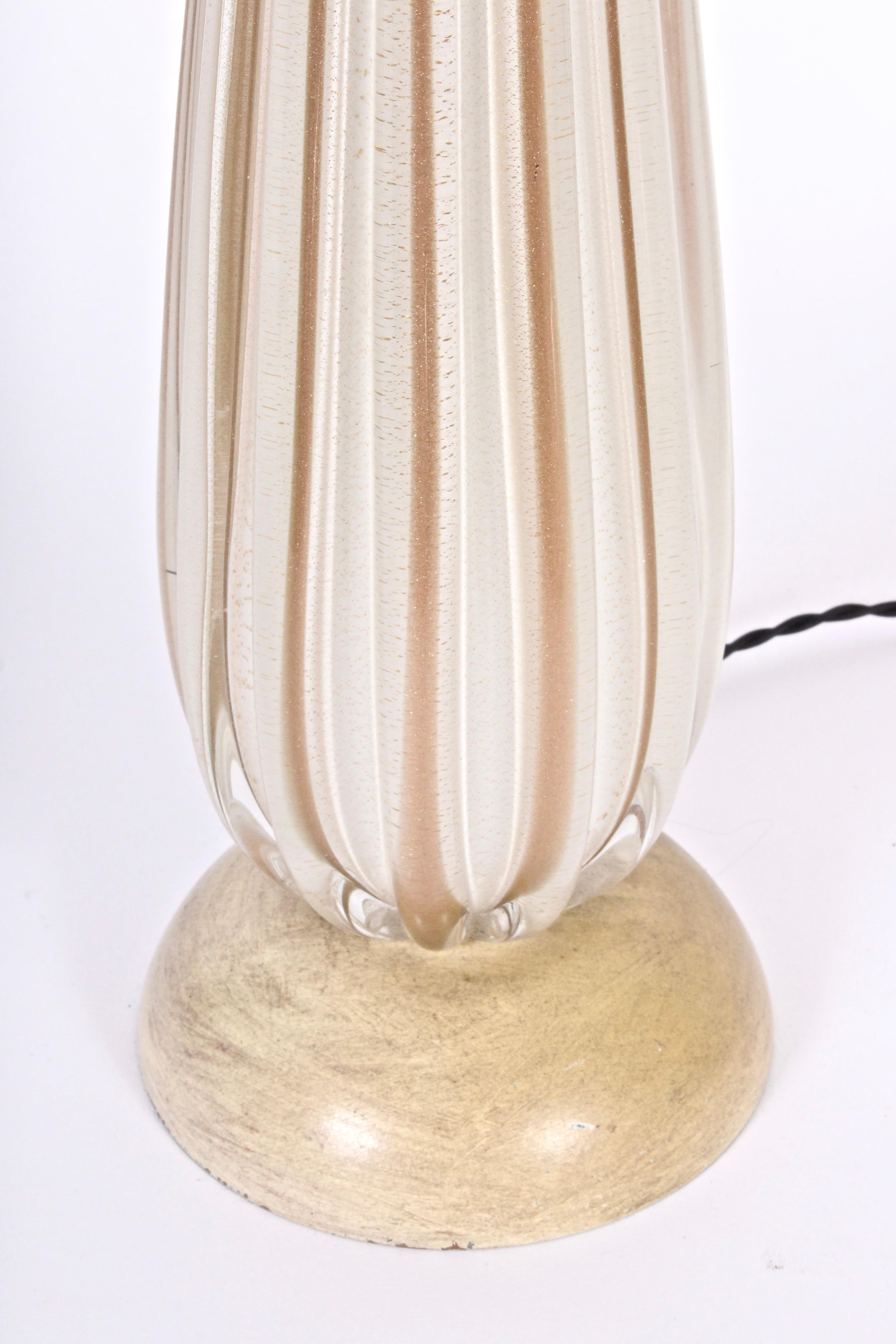 Hand-Painted Tall Alfredo Barbini Ribbed Opaline Murano Glass Table Lamp with Copper & Gold  For Sale