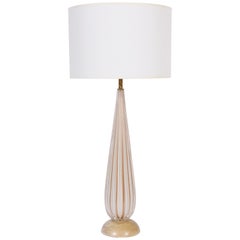 Tall Alfredo Barbini White Ribbed Murano Glass Table Lamp with Gold Inclusions