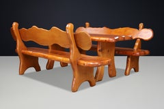 Monumental Alpine Solid Pine Dining Set with Two Benches, France, 1970s