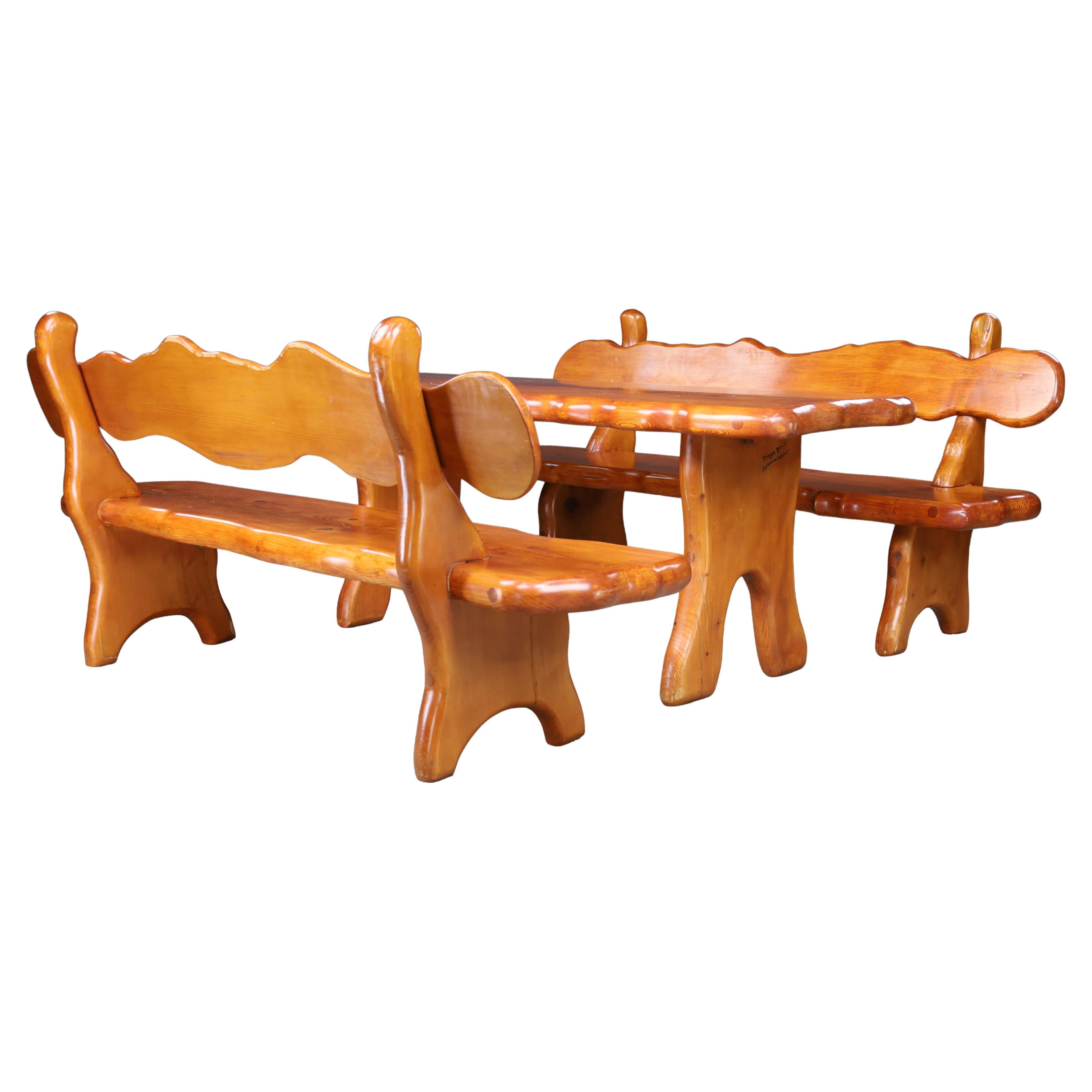 Monumental Alpine Solid Pine Dining Set with Two Benches, France, 1970s For Sale