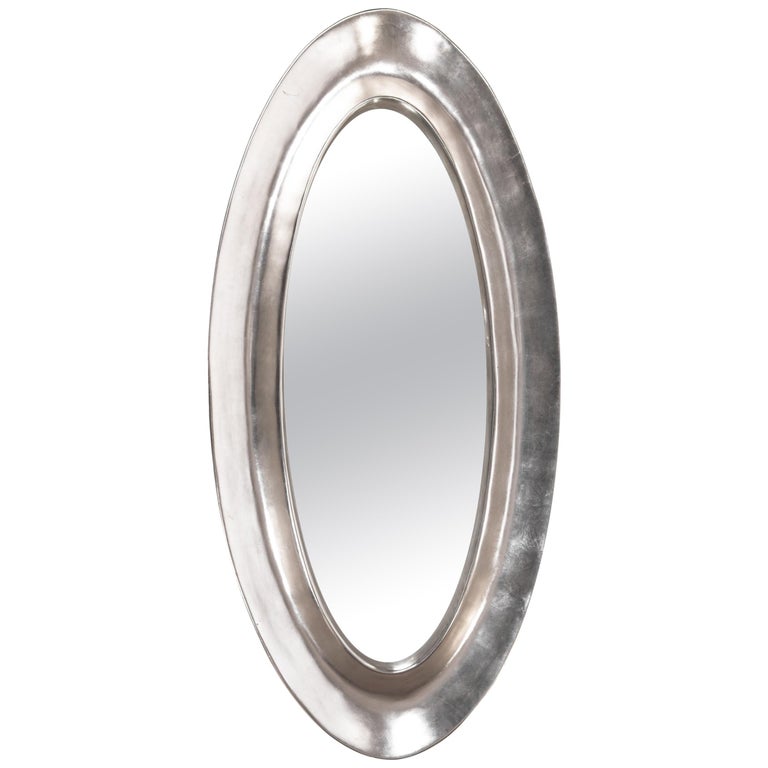 Monumental Aluminum Leaf Plaster Oval Mirror For Sale