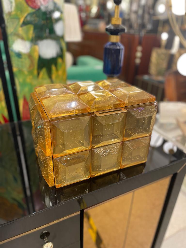 A Monumental amber Murano glass box with polished brass inner core. 