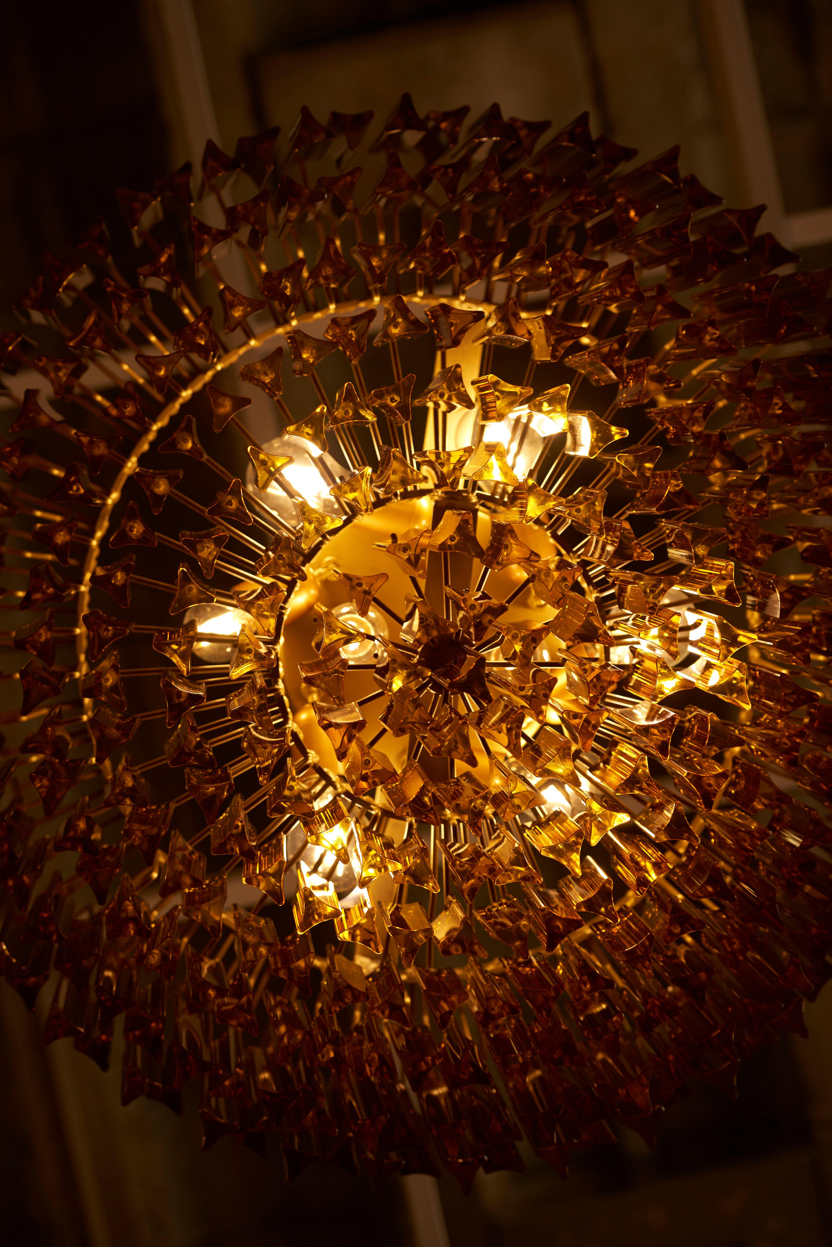 Metal Monumental Amber Murano Glass Chandelier or Flush Mount Attributed to Venini For Sale