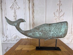 Monumentale girouette baleine en cuivre d'art populaire américain avec patine vert-de-gris
