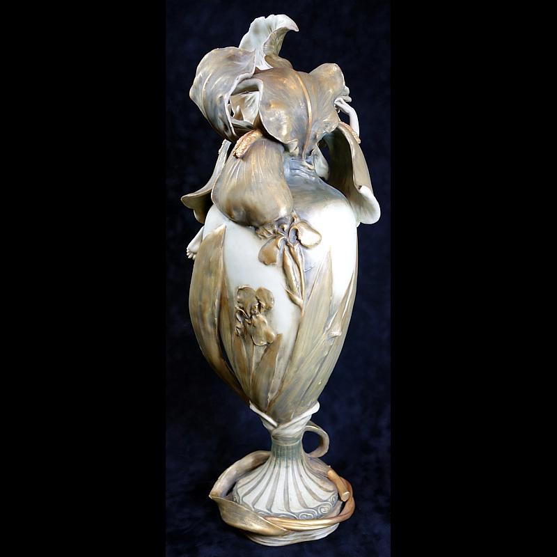 Austrian Monumental Amphora Art Nouveau Figural Vase with Dragonfly and Floral Motif 1900 For Sale