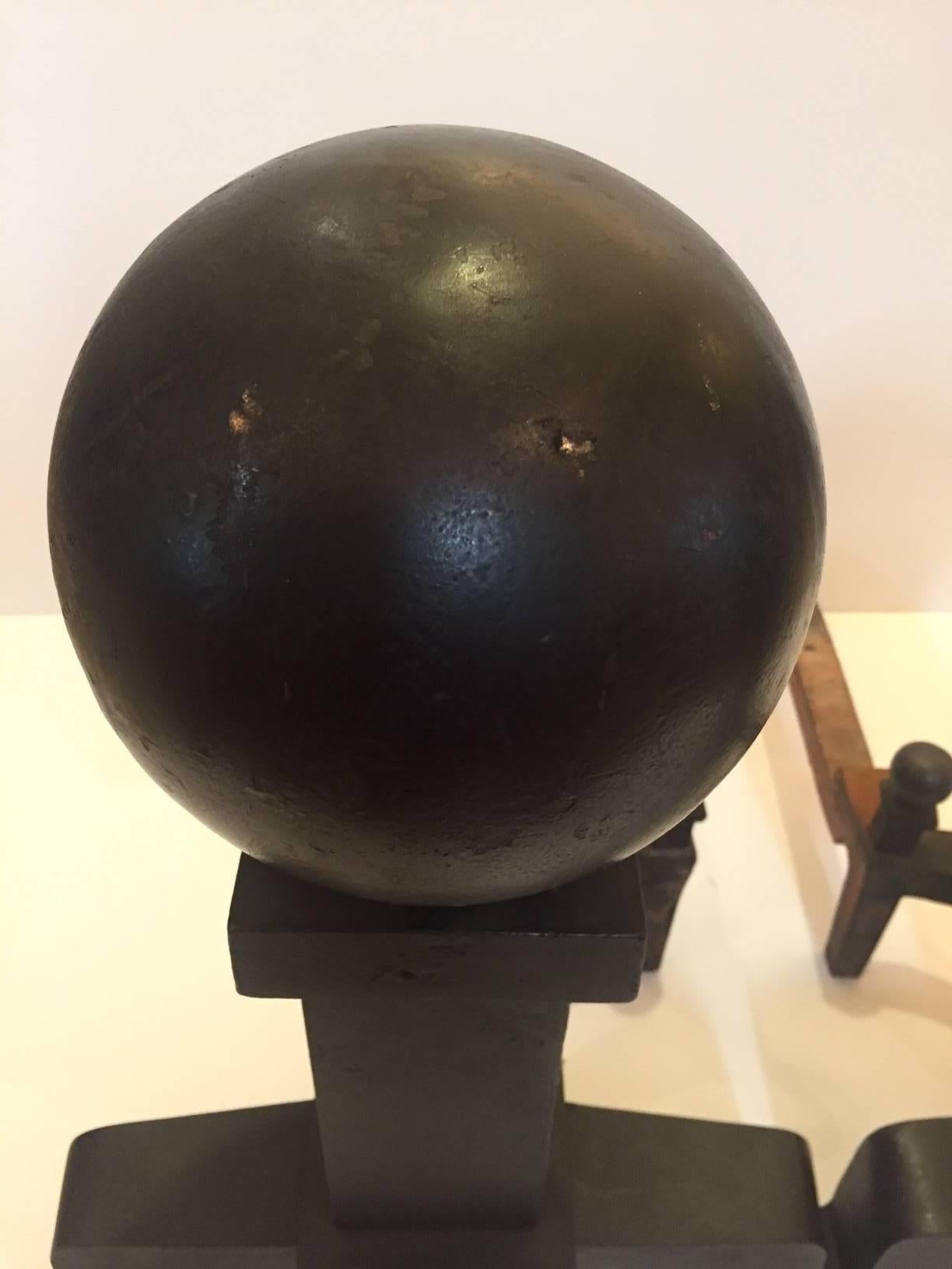 American Monumental and Masculine Cannonball Iron Andirons