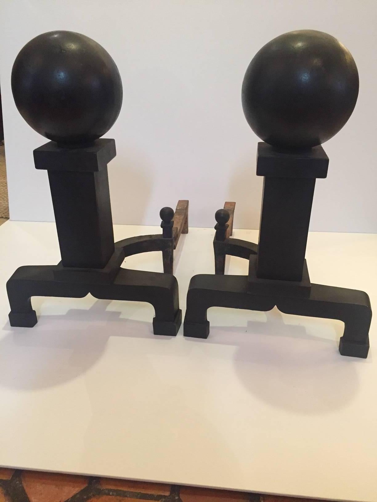 Monumental and Masculine Cannonball Iron Andirons 1