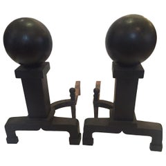 Monumental and Masculine Cannonball Iron Andirons