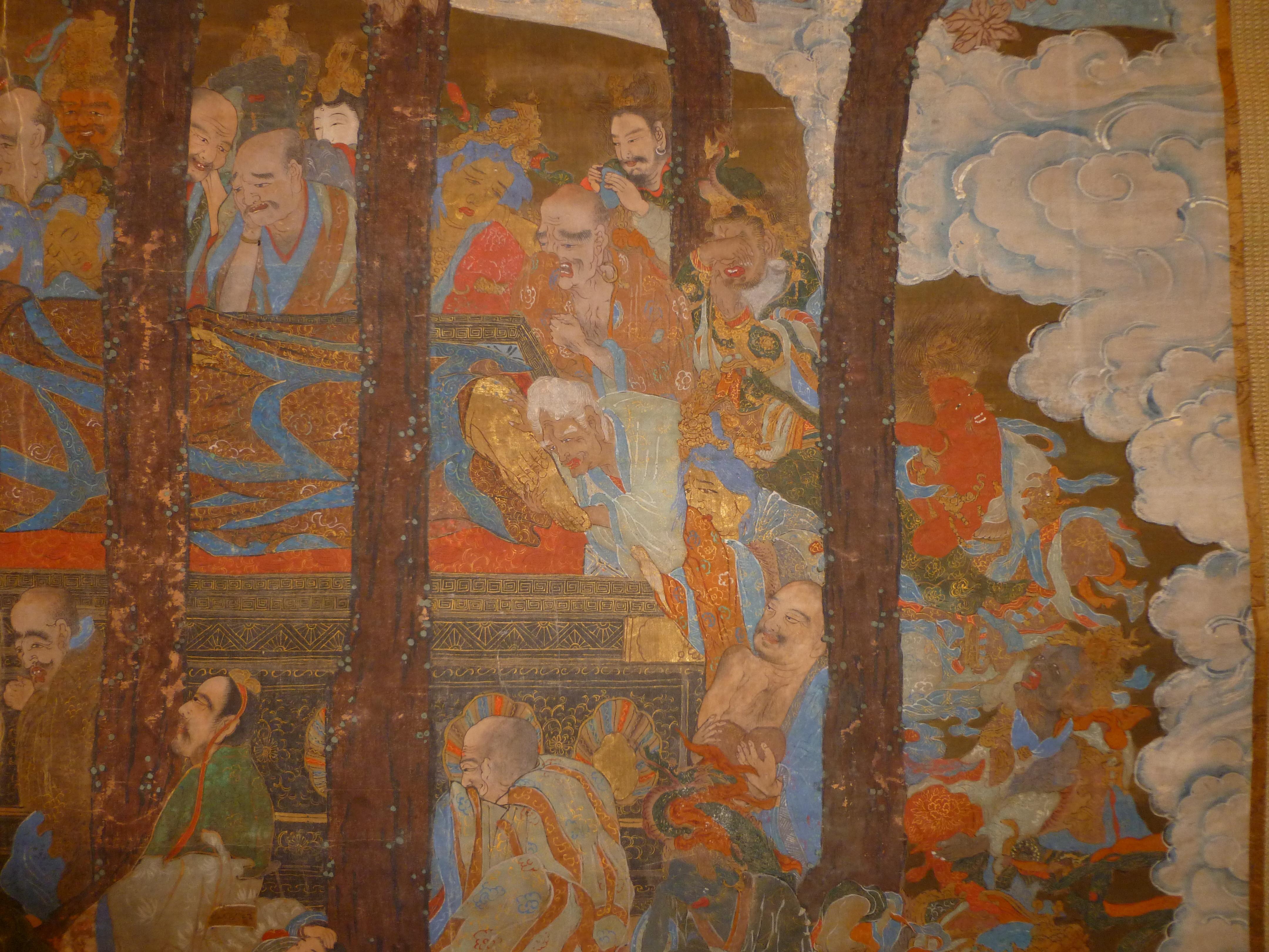 Monumentale et massive peinture japonaise Sakyamuni avec disciples bouddhistes en vente 9