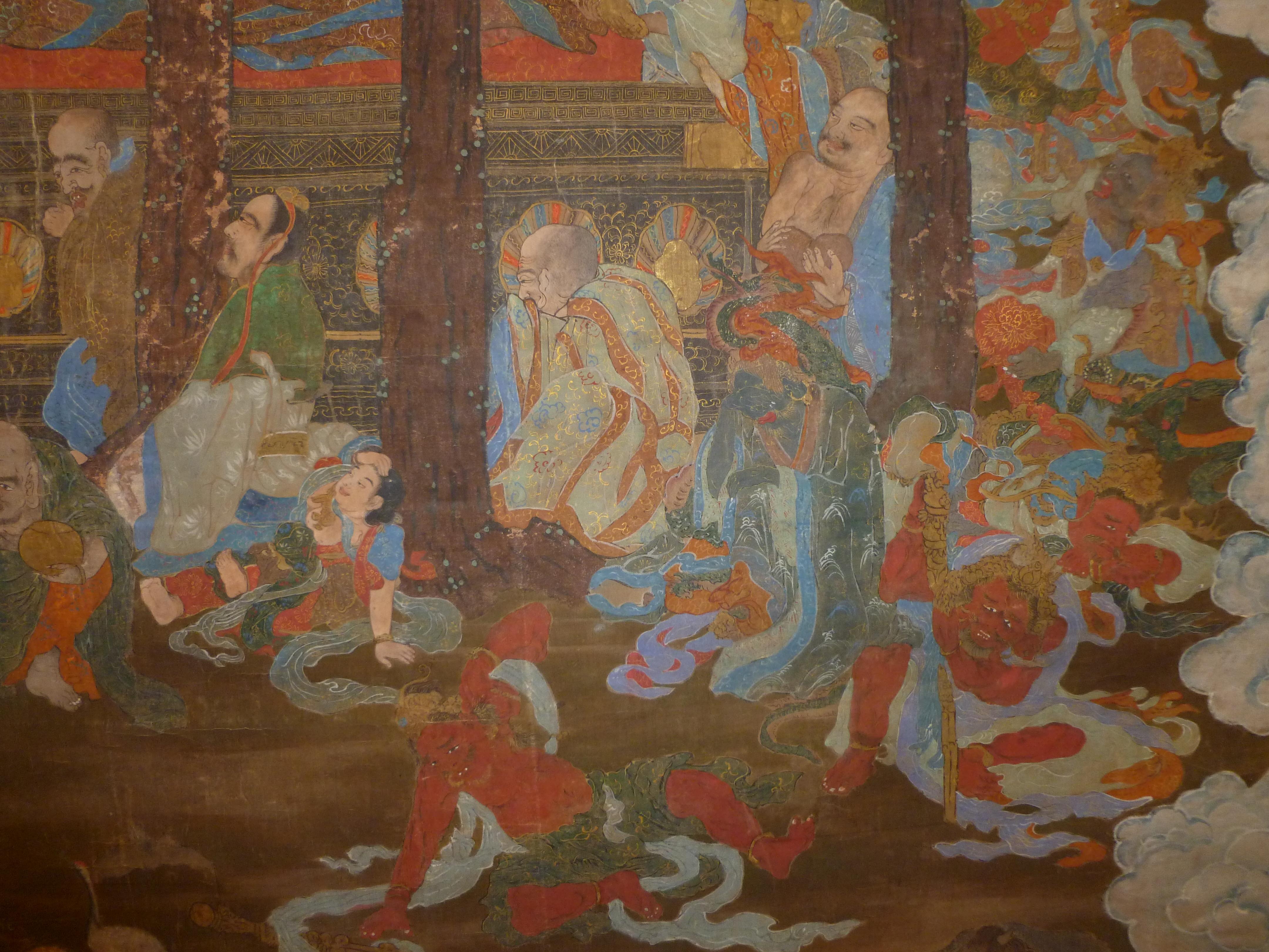 Monumentale et massive peinture japonaise Sakyamuni avec disciples bouddhistes en vente 10