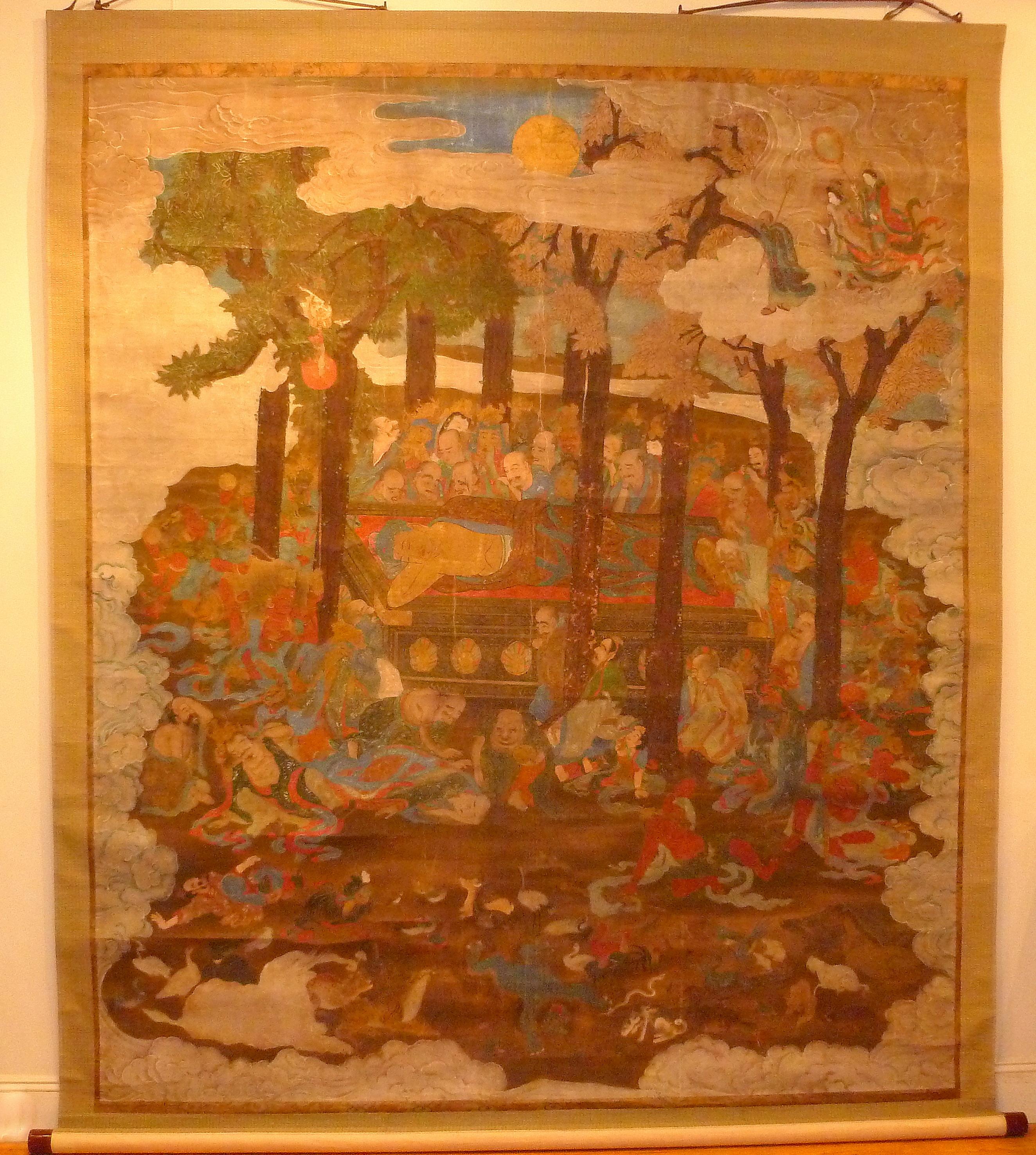 Monumental and massive Japanese Sakyamuni with disciples Buddhist painting. Very large massive Japanese Buddhist painting, painting on silk and mounted on brocade scroll, very rare large size. Wonderful detail with Sakyamuni and disciples with many
