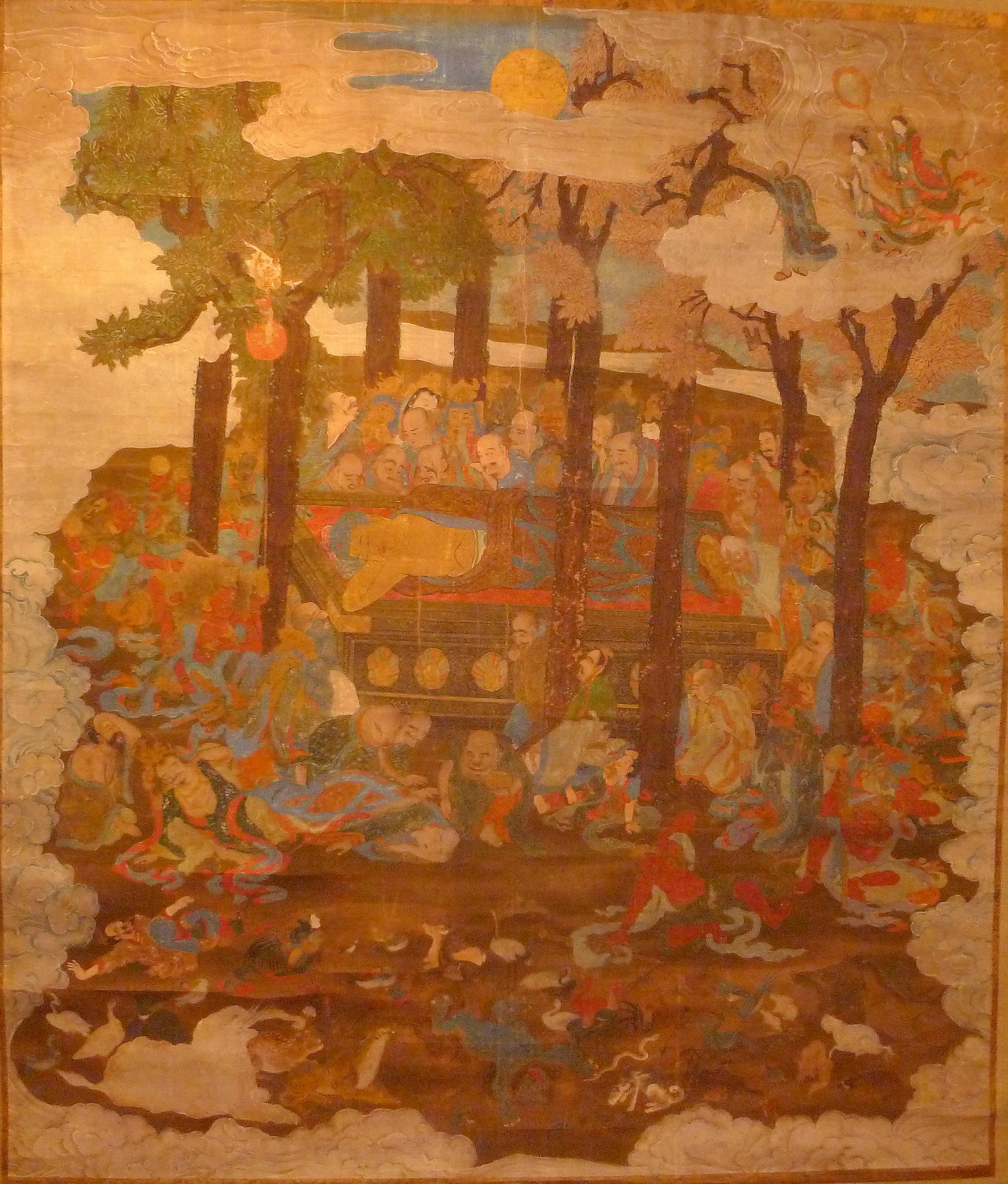 Meiji Monumentale et massive peinture japonaise Sakyamuni avec disciples bouddhistes en vente