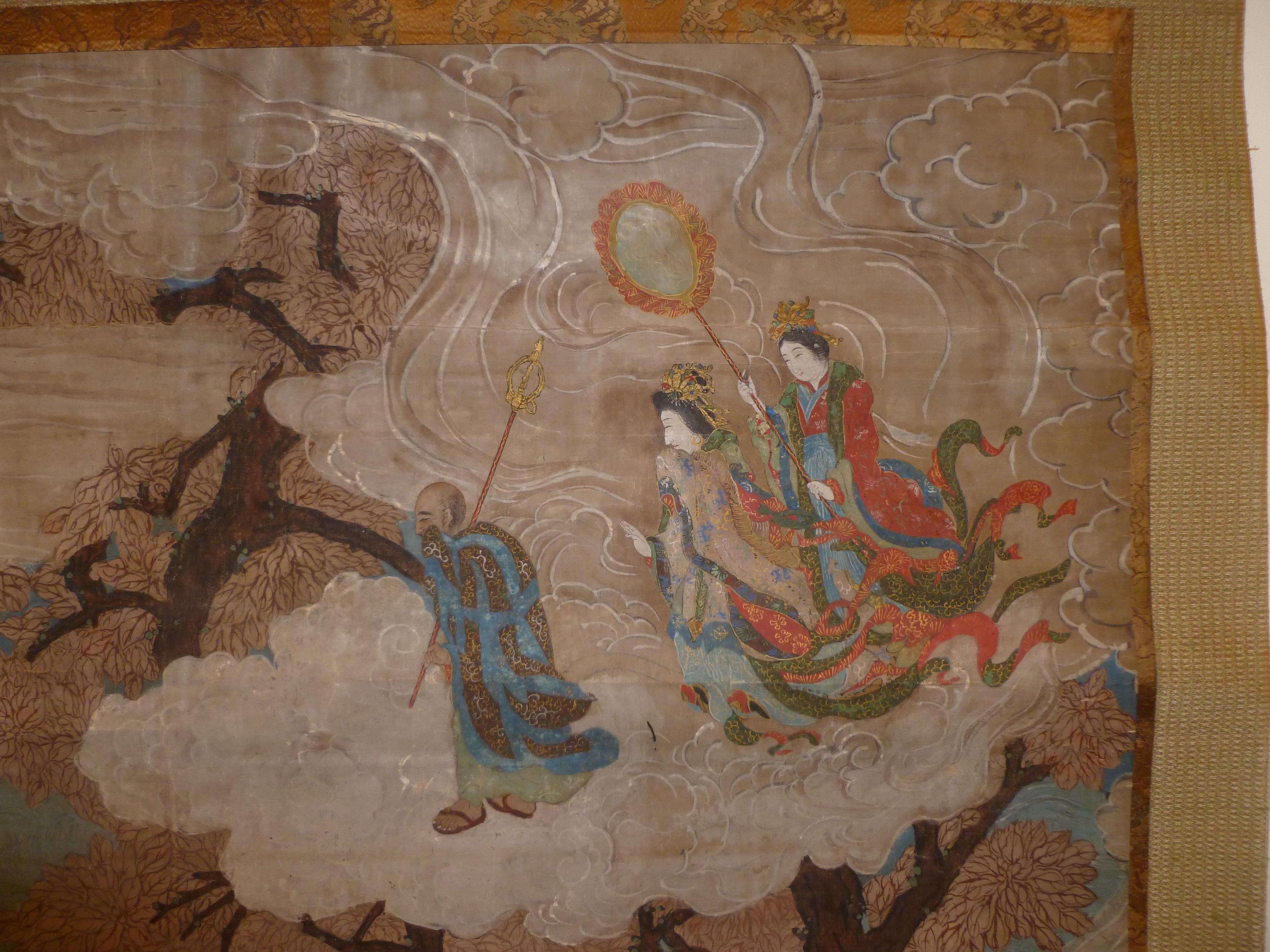 Japonais Monumentale et massive peinture japonaise Sakyamuni avec disciples bouddhistes en vente