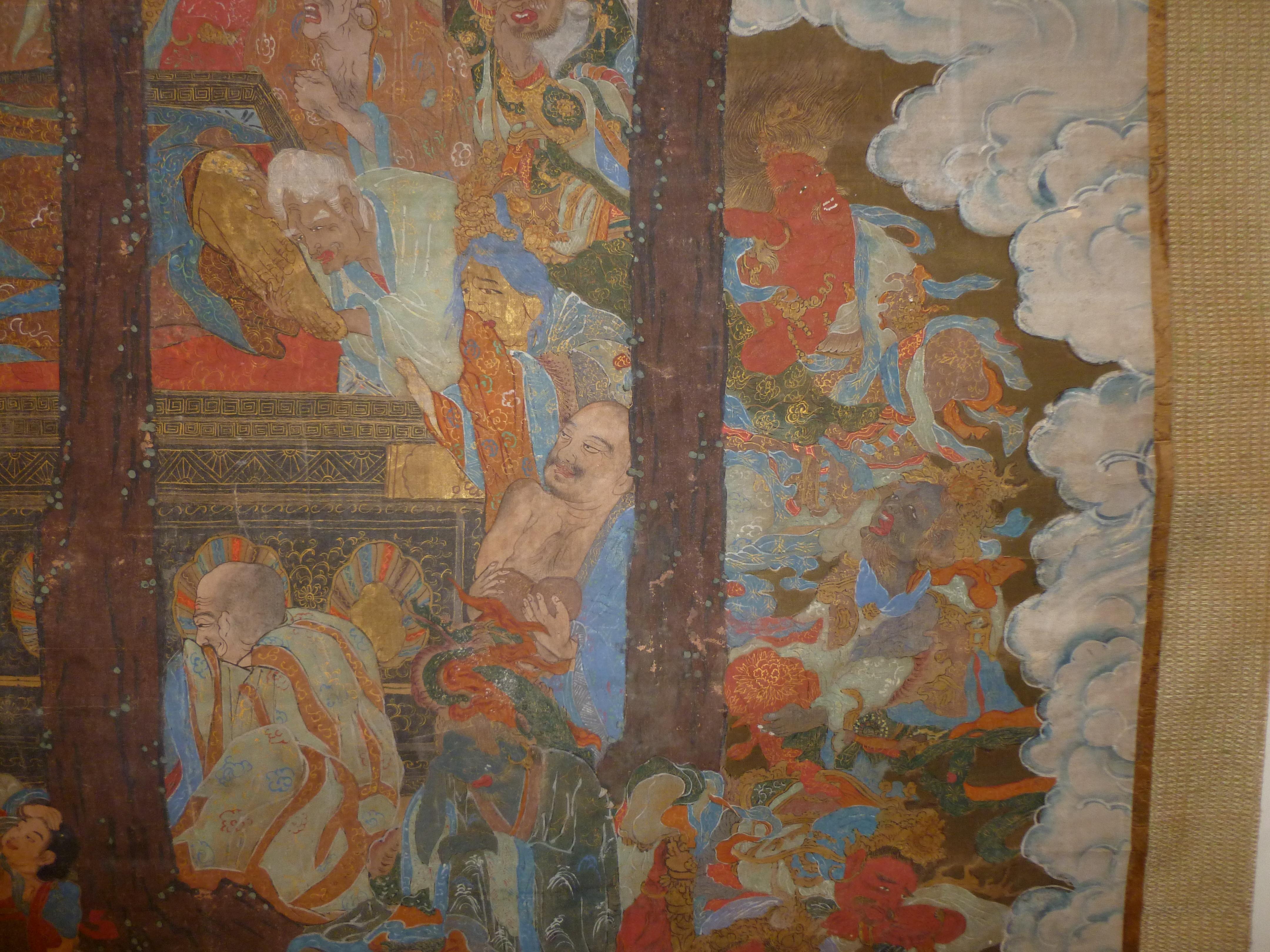 Late 19th Century Monumental and Massive Japanese Sakyamuni with Disciples Buddhist Painting For Sale