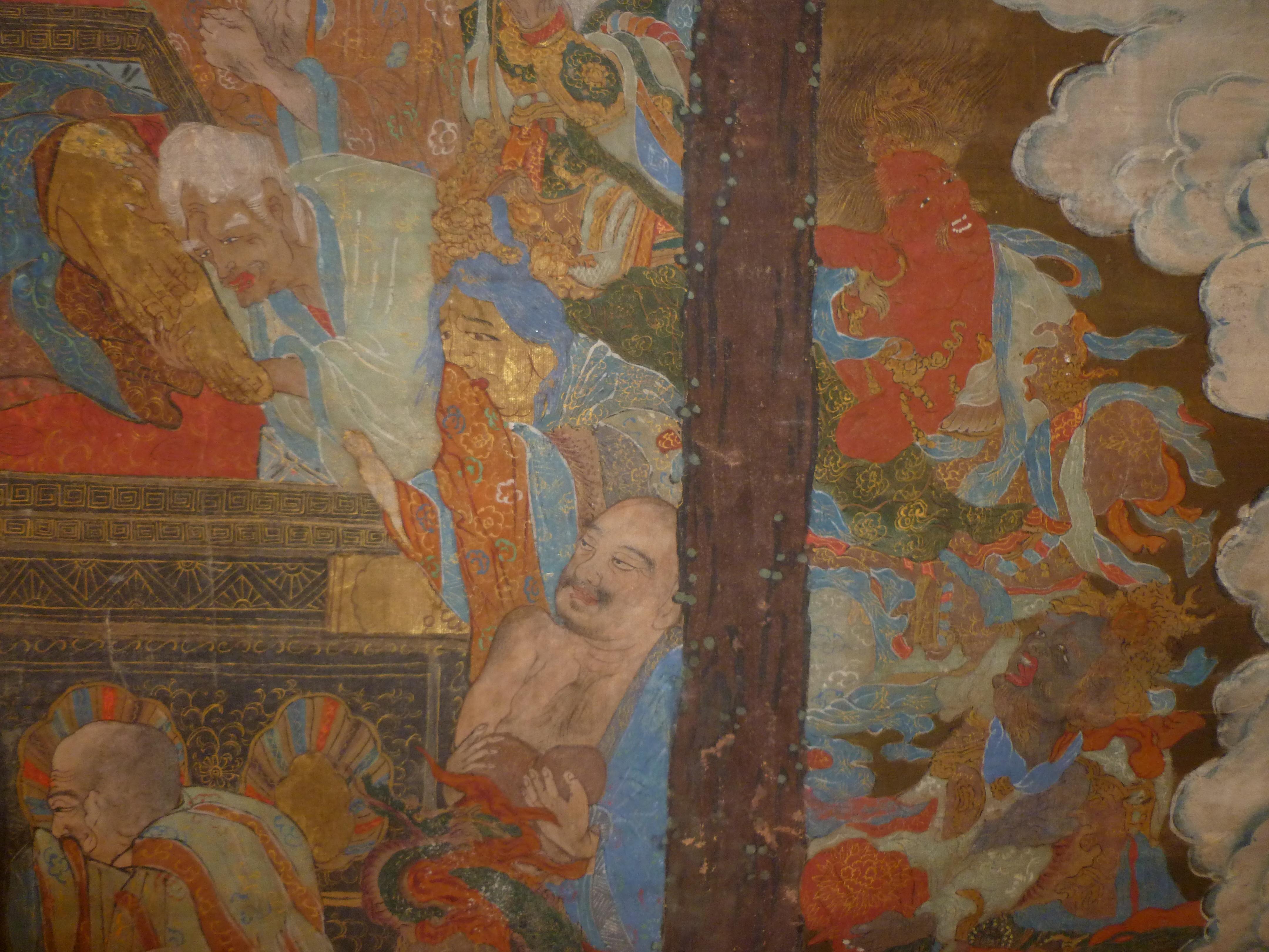Fin du XIXe siècle Monumentale et massive peinture japonaise Sakyamuni avec disciples bouddhistes en vente