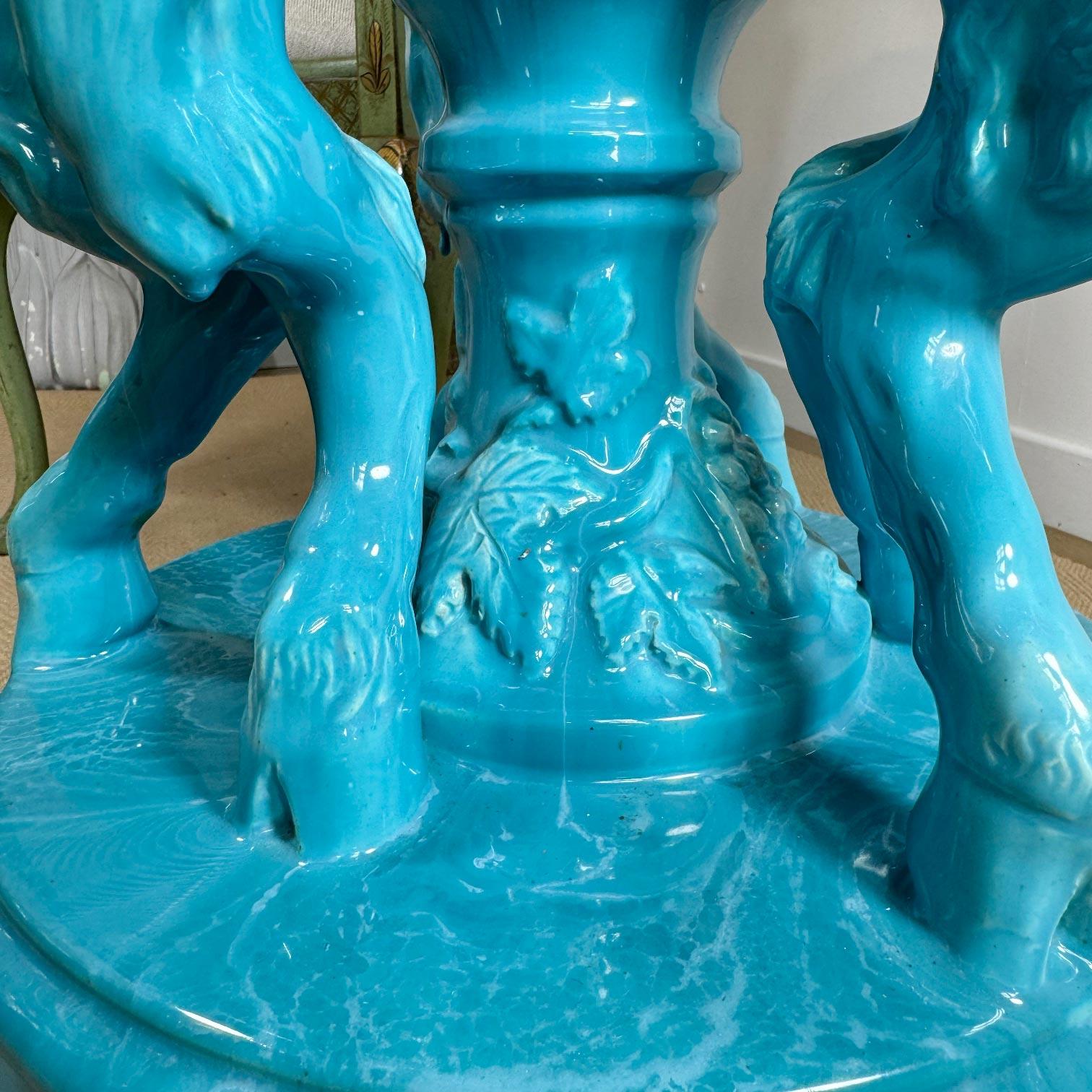 Monumental and Rare Jerome Massier Blue Glazed Faience Satyr Planter and Stand For Sale 3