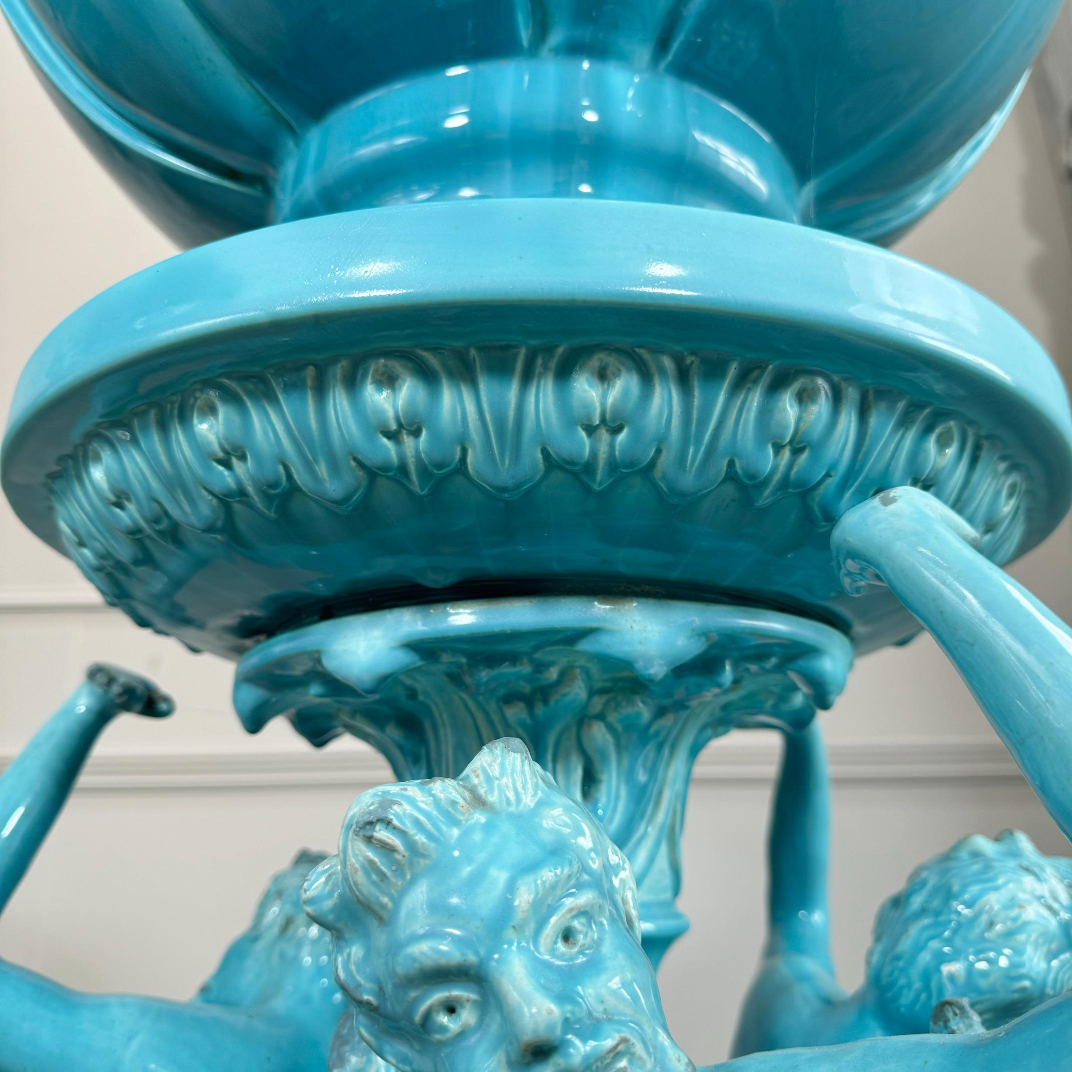 Monumental and Rare Jerome Massier Blue Glazed Faience Satyr Planter and Stand For Sale 4