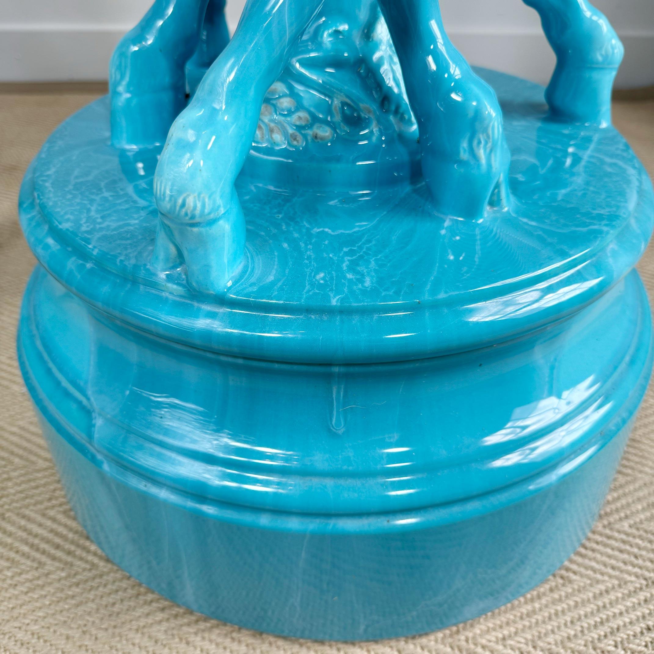 Monumental and Rare Jerome Massier Blue Glazed Faience Satyr Planter and Stand For Sale 5