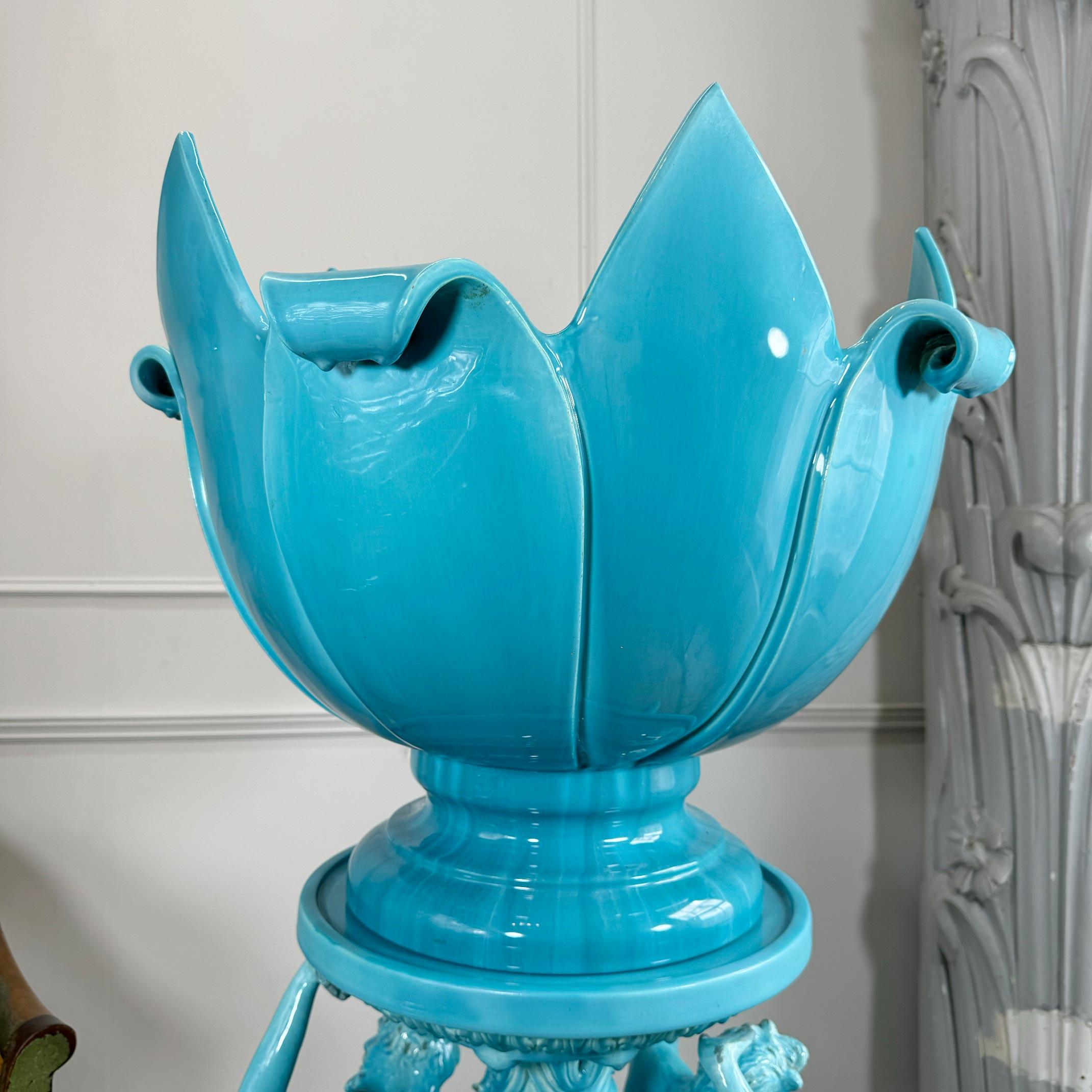 Monumental and Rare Jerome Massier Blue Glazed Faience Satyr Planter and Stand For Sale 6