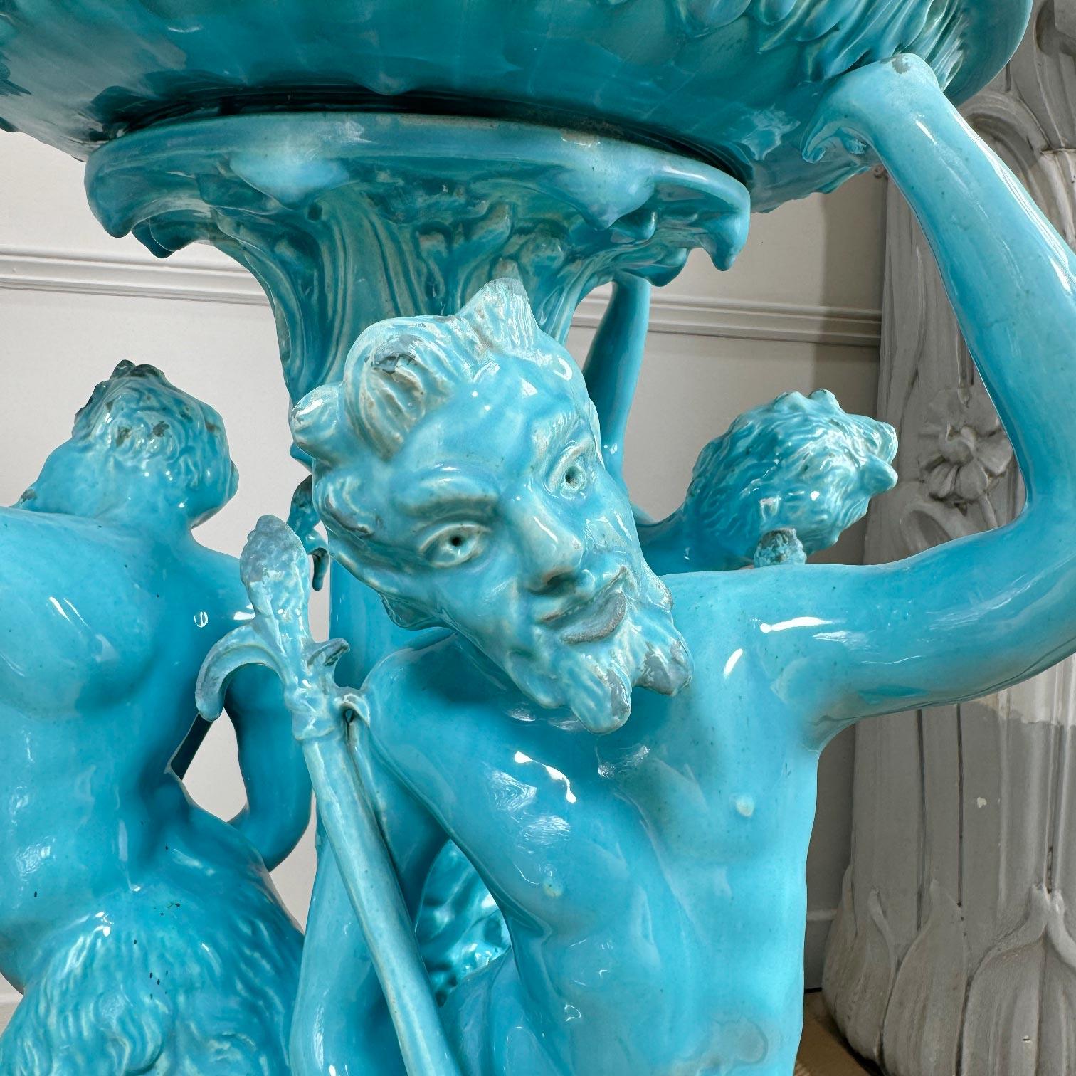 Art Nouveau Monumental and Rare Jerome Massier Blue Glazed Faience Satyr Planter and Stand For Sale