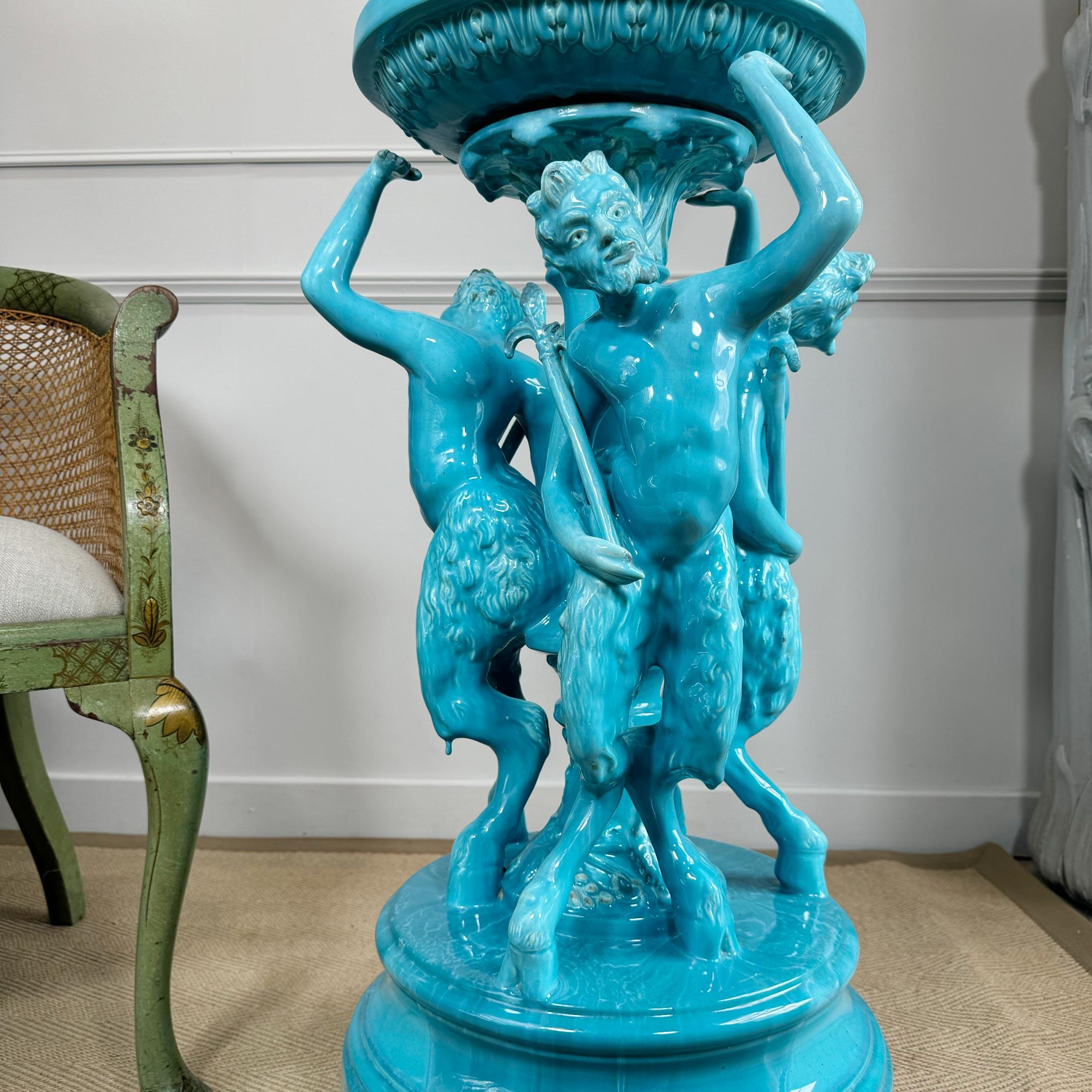 French Monumental and Rare Jerome Massier Blue Glazed Faience Satyr Planter and Stand For Sale