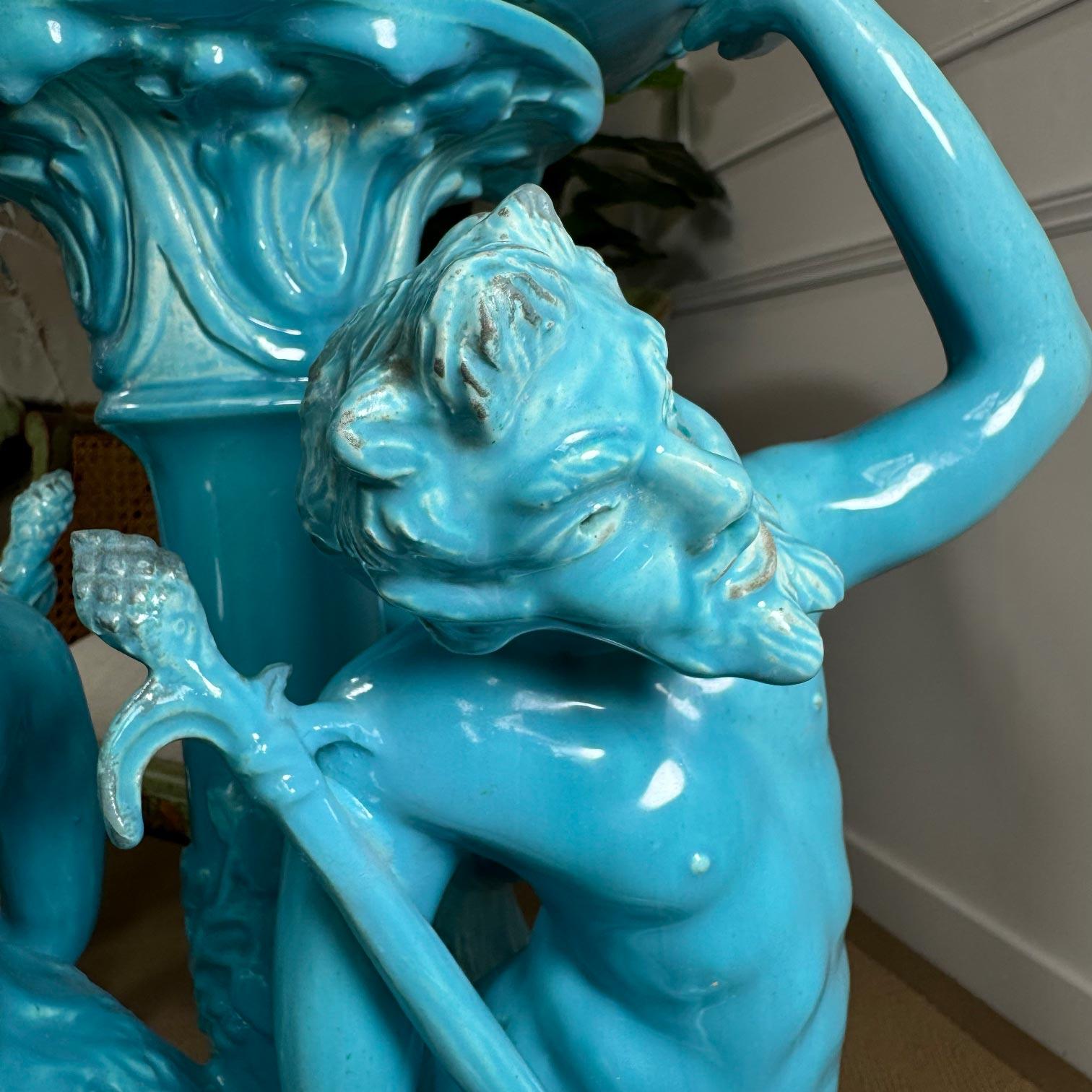 19th Century Monumental and Rare Jerome Massier Blue Glazed Faience Satyr Planter and Stand For Sale