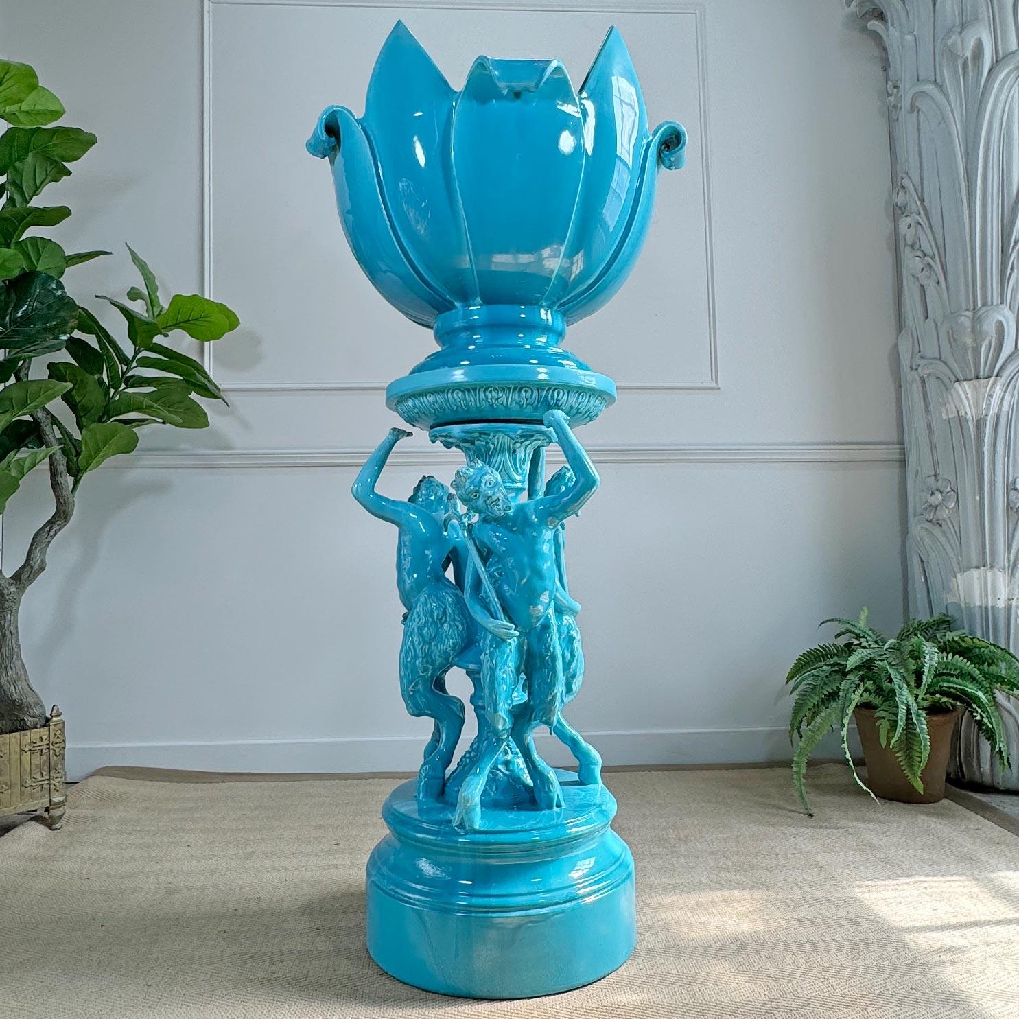 Ceramic Monumental and Rare Jerome Massier Blue Glazed Faience Satyr Planter and Stand For Sale
