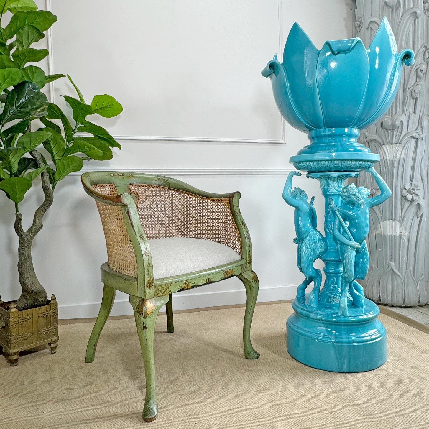 Monumental and Rare Jerome Massier Blue Glazed Faience Satyr Planter and Stand For Sale 2
