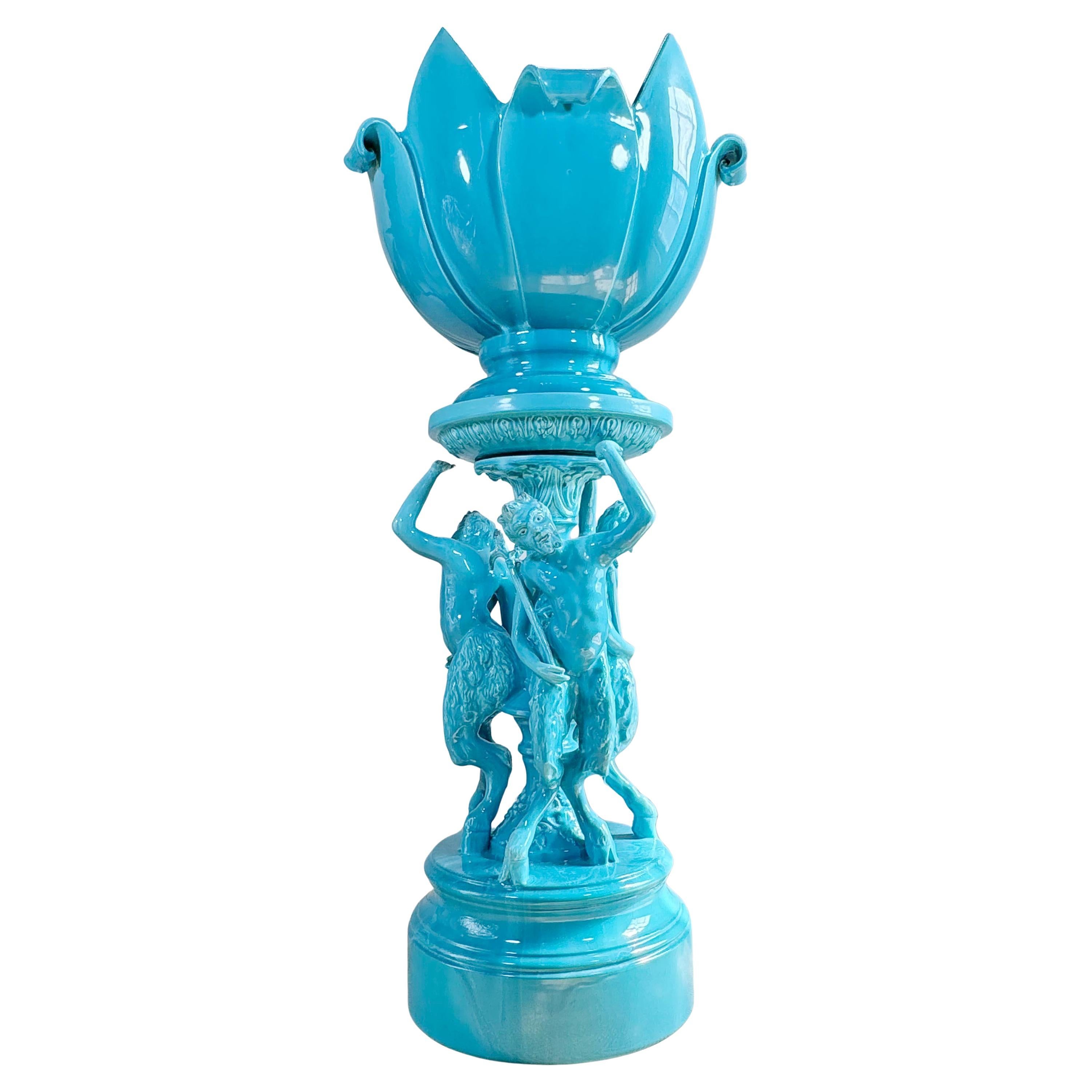 Monumental and Rare Jerome Massier Blue Glazed Faience Satyr Planter and Stand For Sale