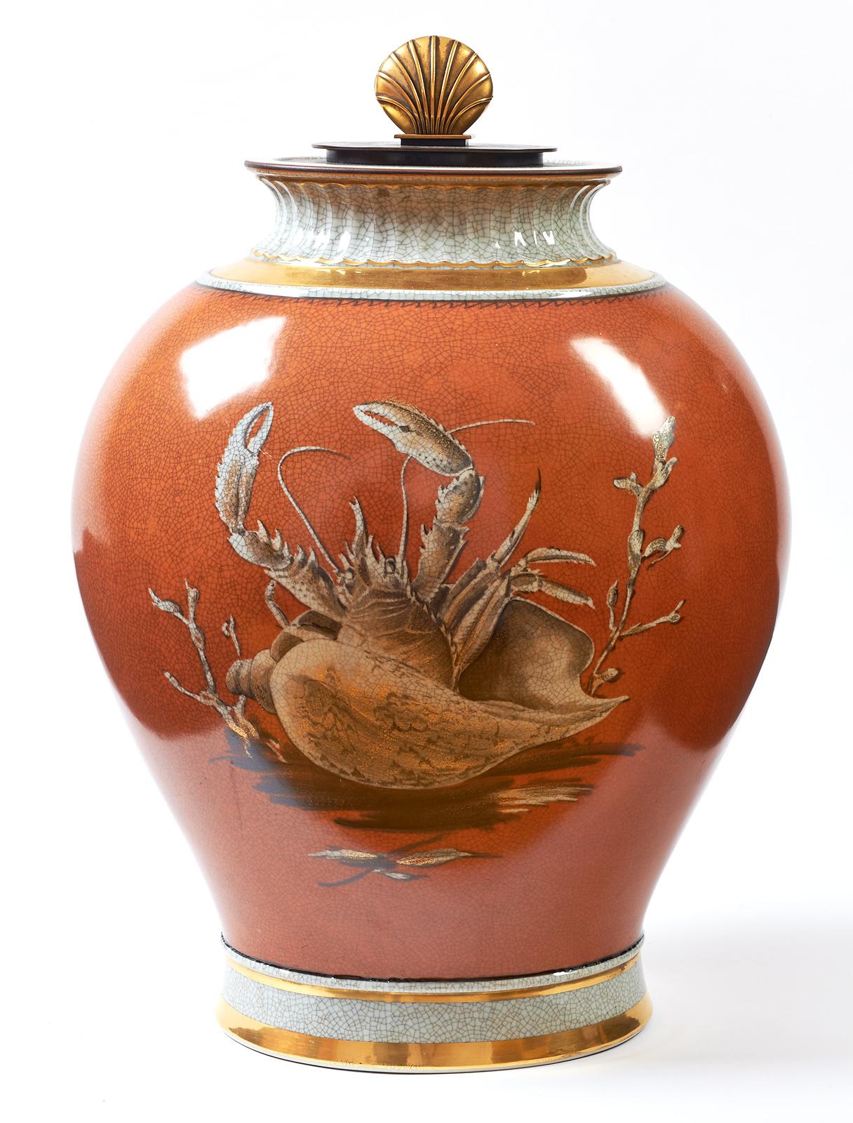 OLSEN THORKILD ( 1890-1973 ) and KNUD ANDERSON ( 1892-1966 ) FOR ROYAL COPENHAGEN
An extraordinary monumental lidded urn in Royal Copenhagen crackle ware, richly embellished with paintings of sea life by the great porcelain artist Olsen Thorkild.