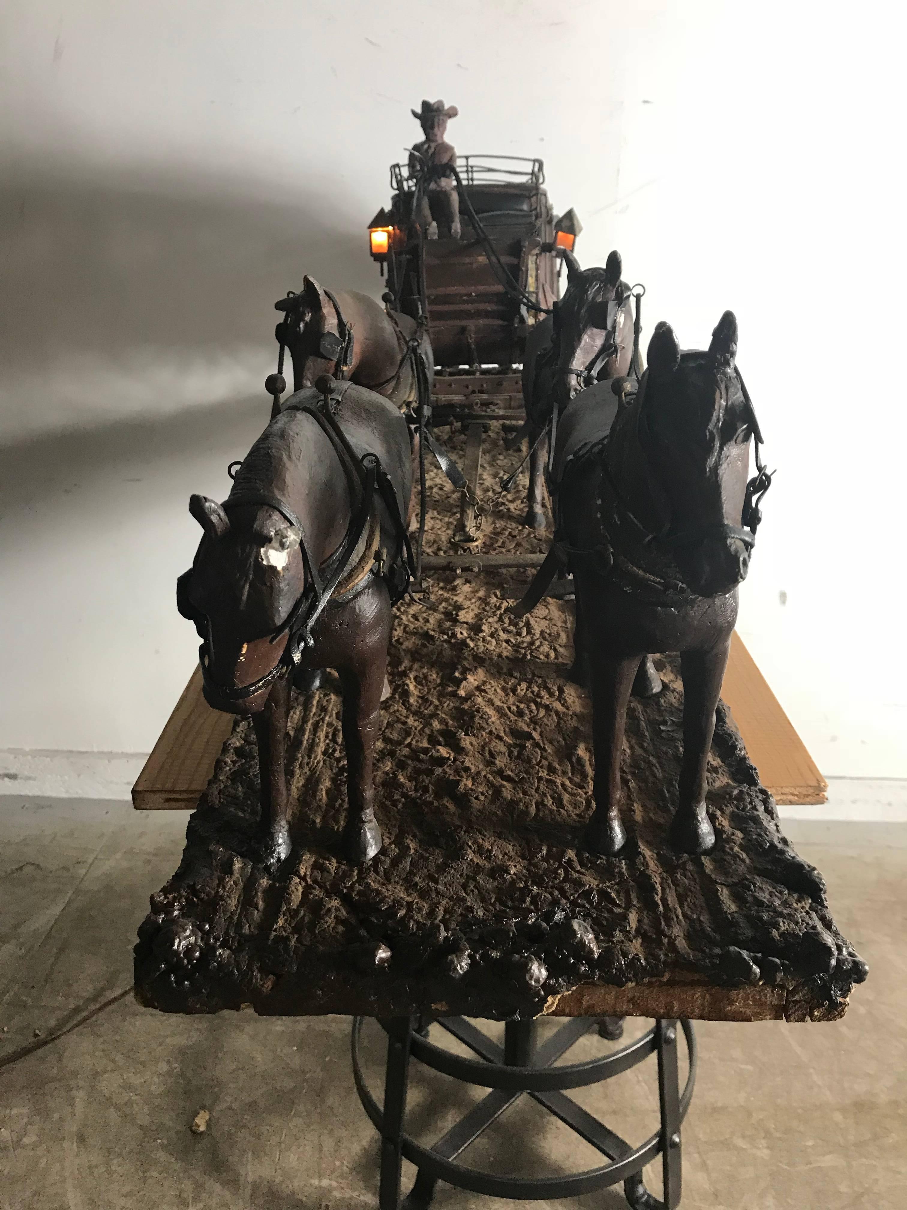 American Monumental and Unusual Folk Art Stage Coach Figure and Horses, 1927 For Sale