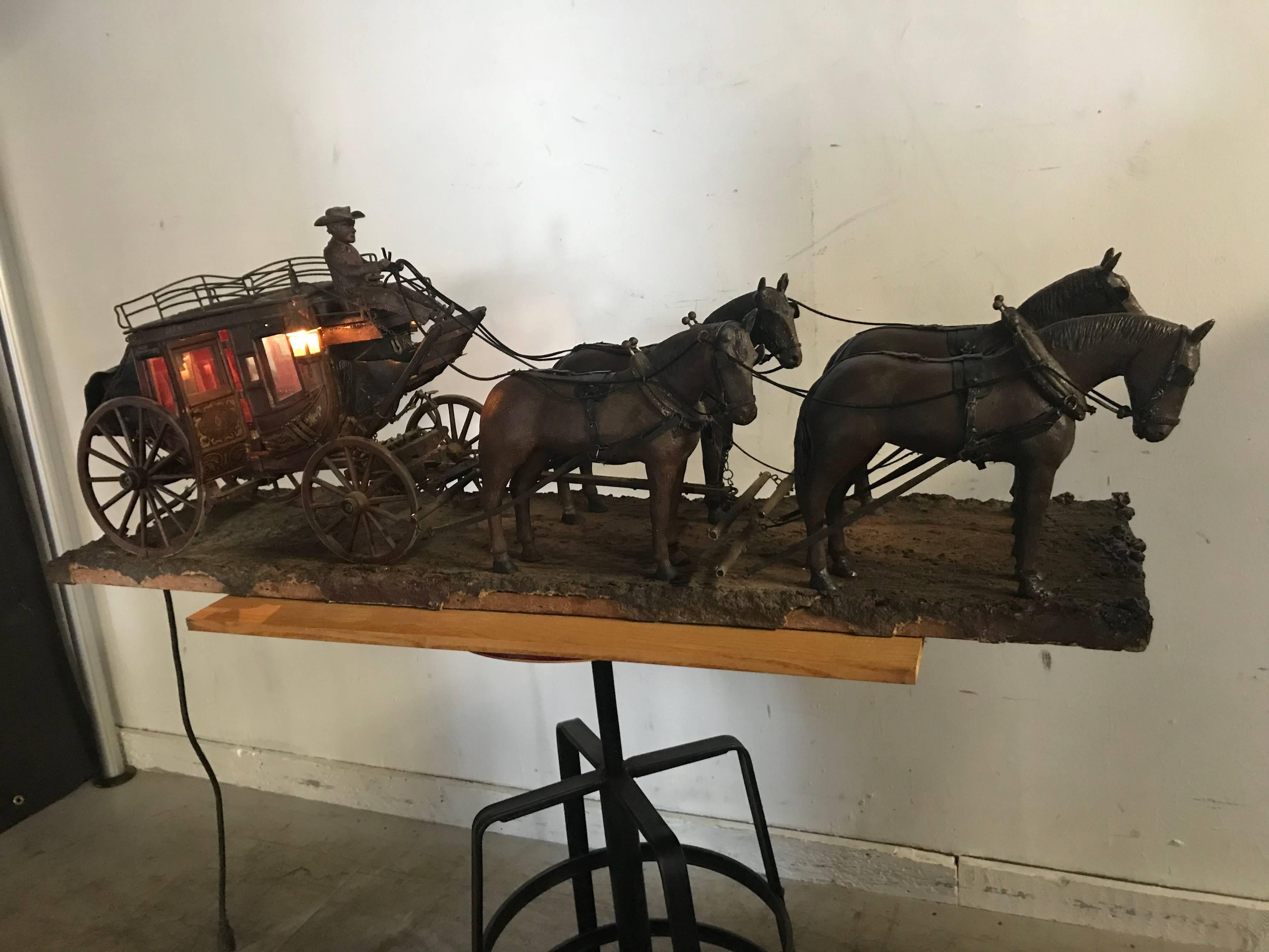 Early 20th Century Monumental and Unusual Folk Art Stage Coach Figure and Horses, 1927 For Sale