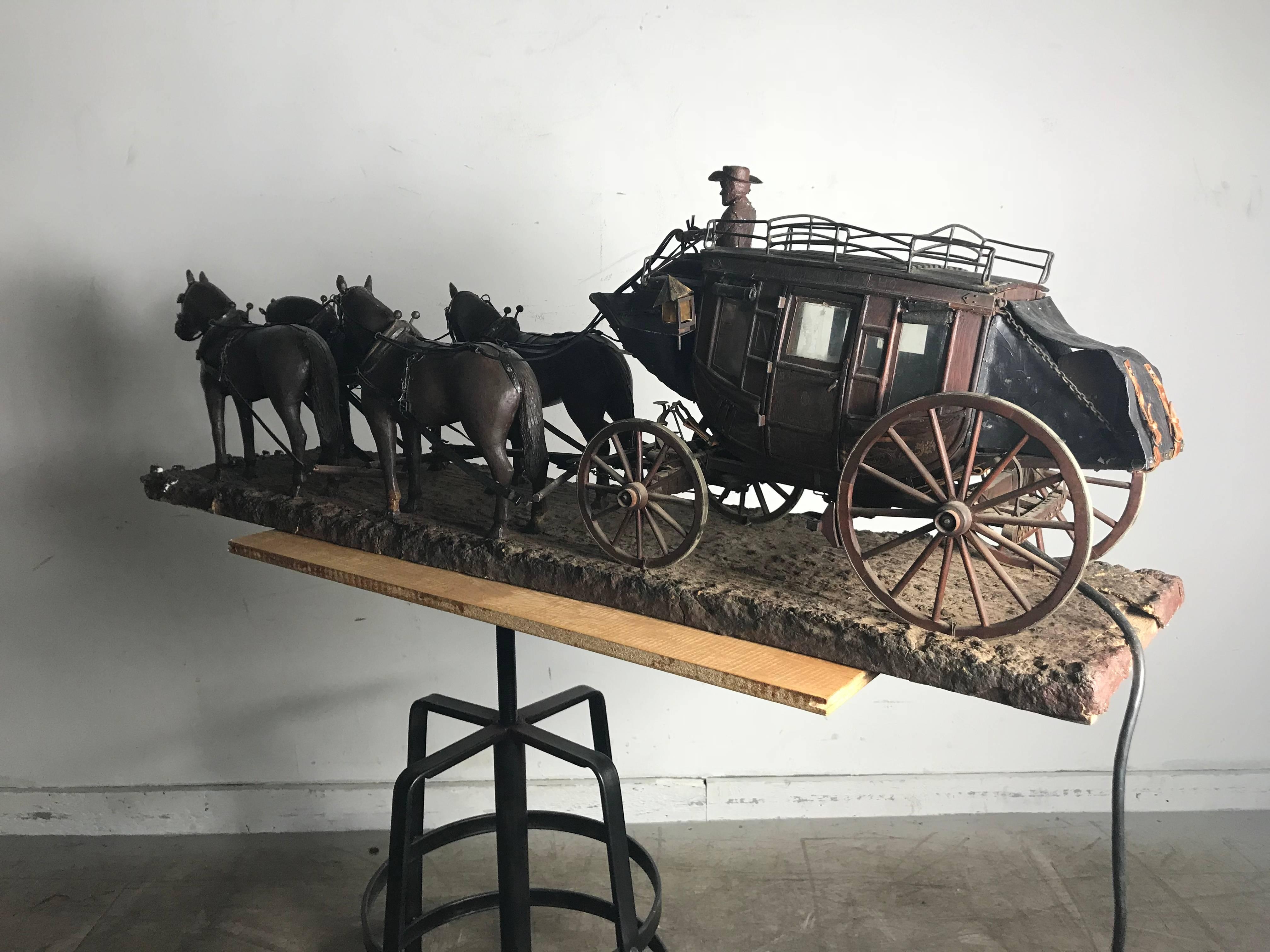 Monumental and Unusual Folk Art Stage Coach Figure and Horses, 1927 For Sale 1