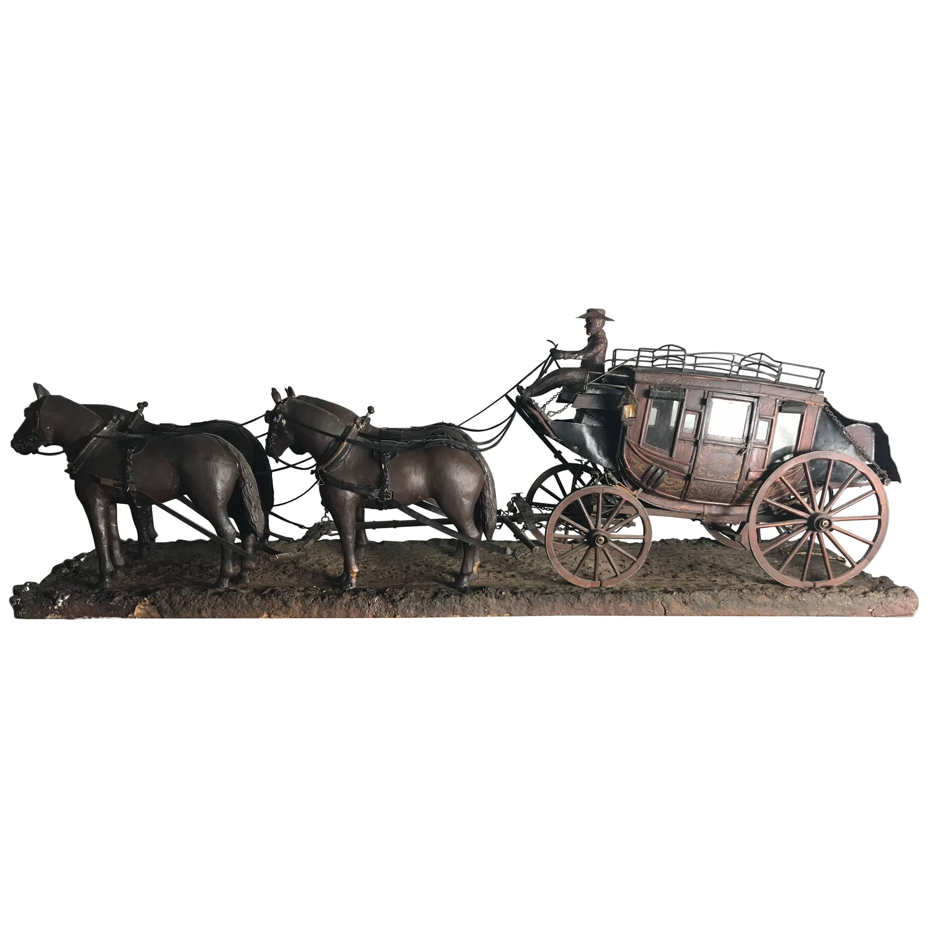 Monumental and Unusual Folk Art Stage Coach Figure and Horses, 1927