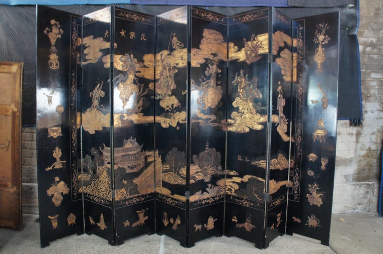 Monumental Antique 8 Panel Chinese Black Lacquer Folding Screen Room Divider For Sale 6