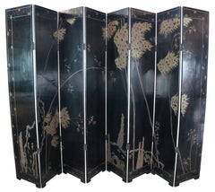 Monumental Antique 8 Panel Chinese Black Lacquer Folding Screen Room Divider
