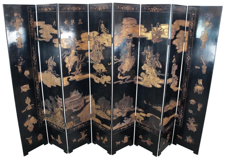 Chinese Export Monumental Antique 8 Panel Chinese Black Lacquer Folding Screen Room Divider For Sale