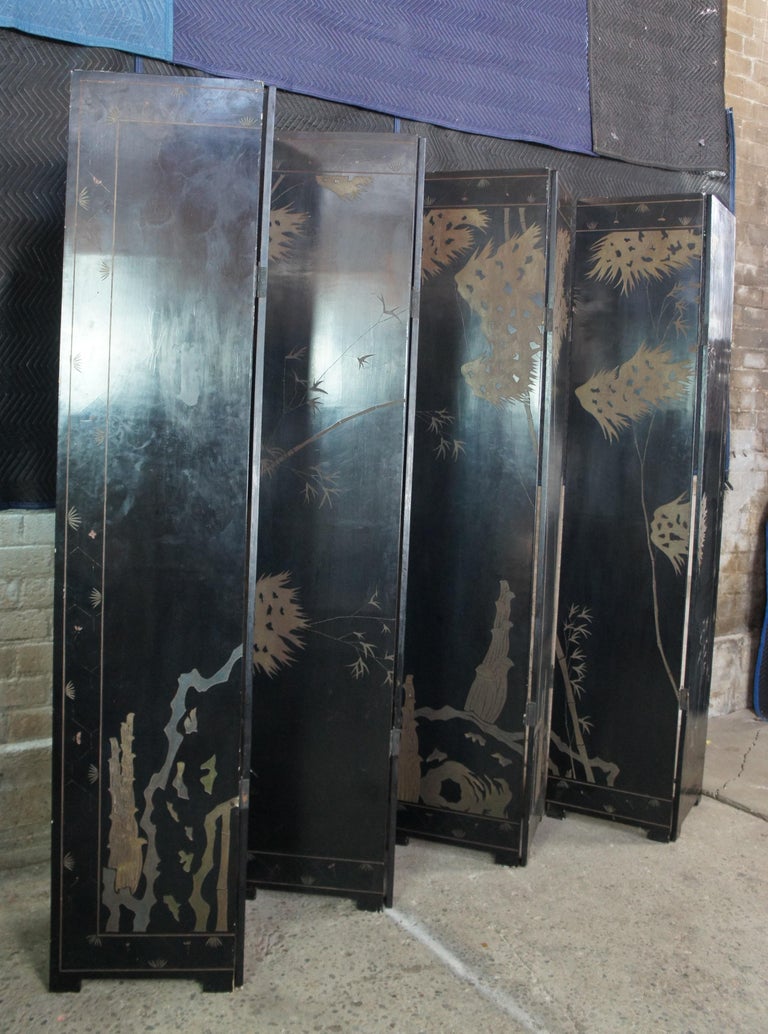Monumental Antique 8 Panel Chinese Black Lacquer Folding Screen Room Divider In Good Condition For Sale In Dayton, OH