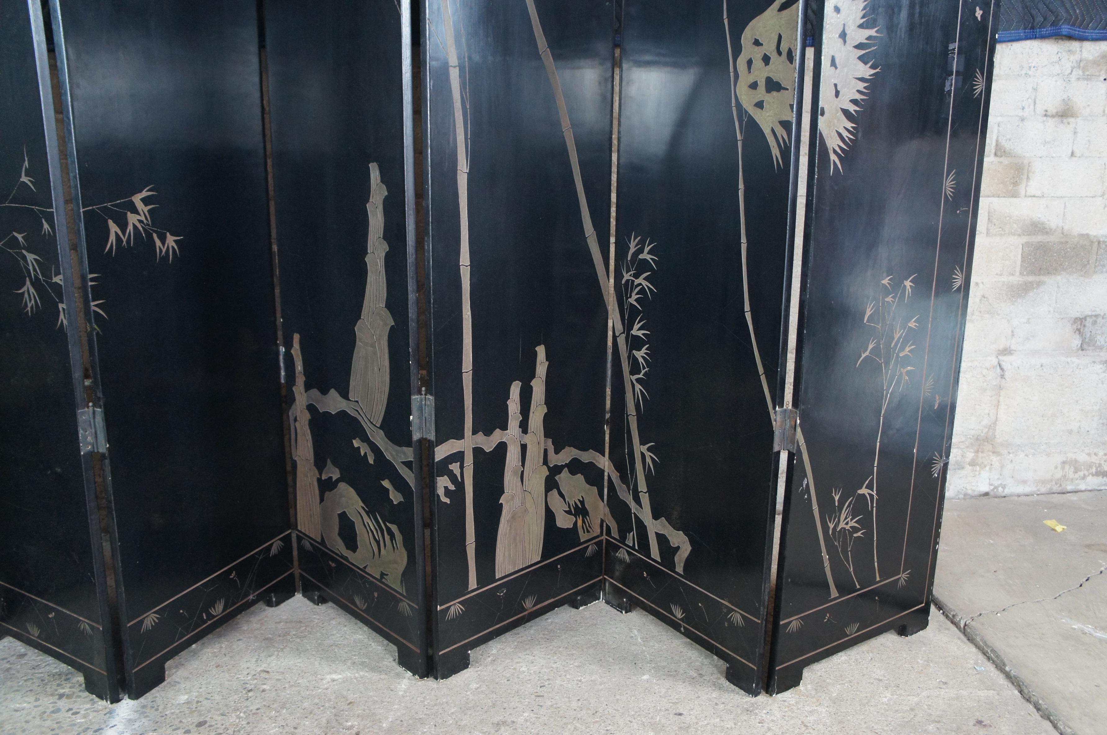 Monumental Antique 8 Panel Chinese Black Lacquer Folding Screen Room Divider In Good Condition In Dayton, OH