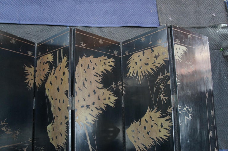 Monumental Antique 8 Panel Chinese Black Lacquer Folding Screen Room Divider For Sale 2