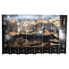 Monumental Antique 8 Panel Chinese Black Lacquer Folding Screen Room Divider